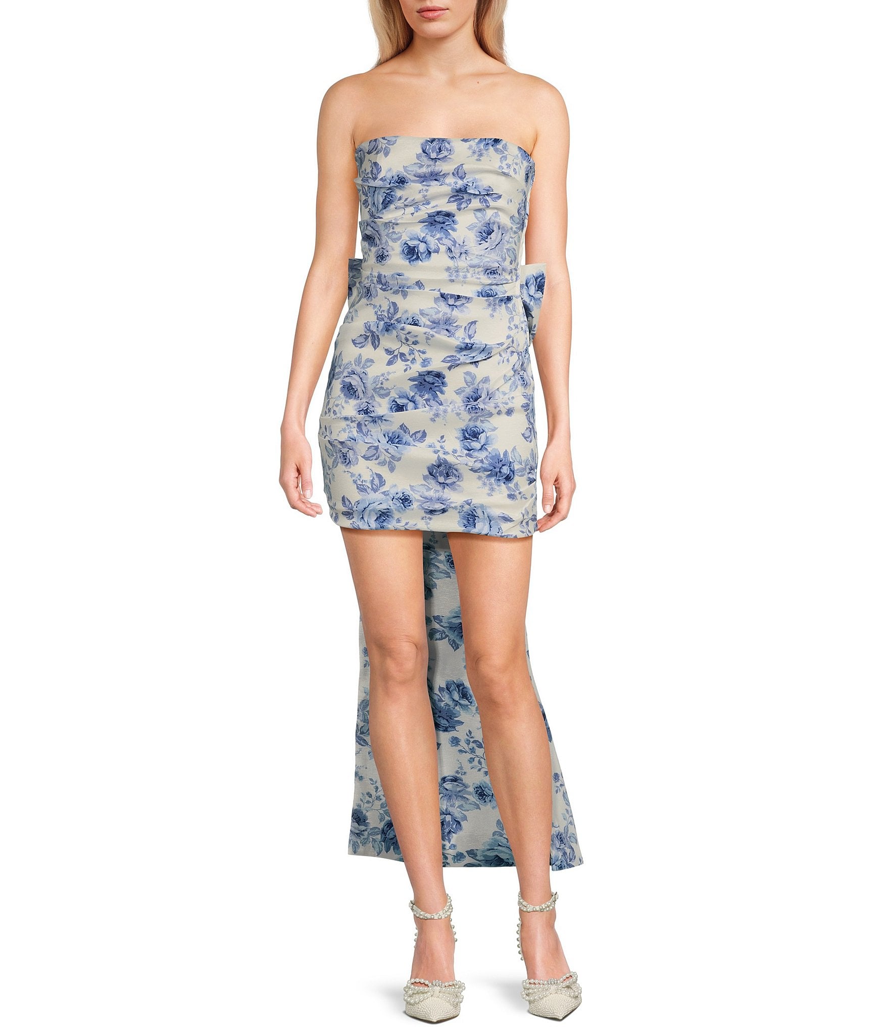 Allison & Kelly Strapless Taffeta Floral Print Bow Back Mini Dress