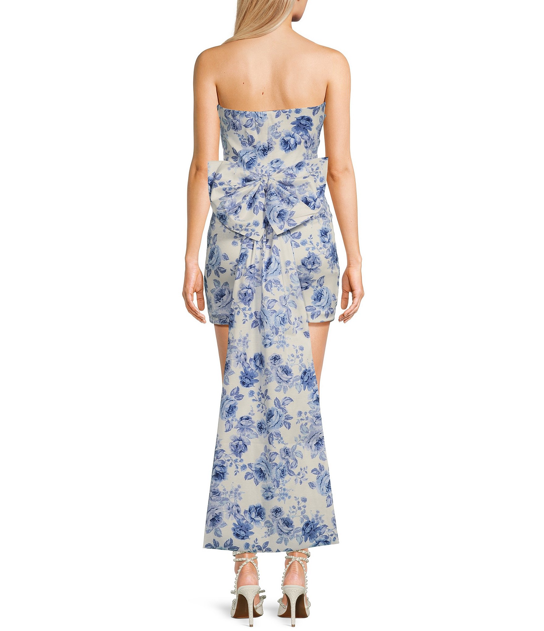 Allison & Kelly Strapless Taffeta Floral Print Bow Back Mini Dress