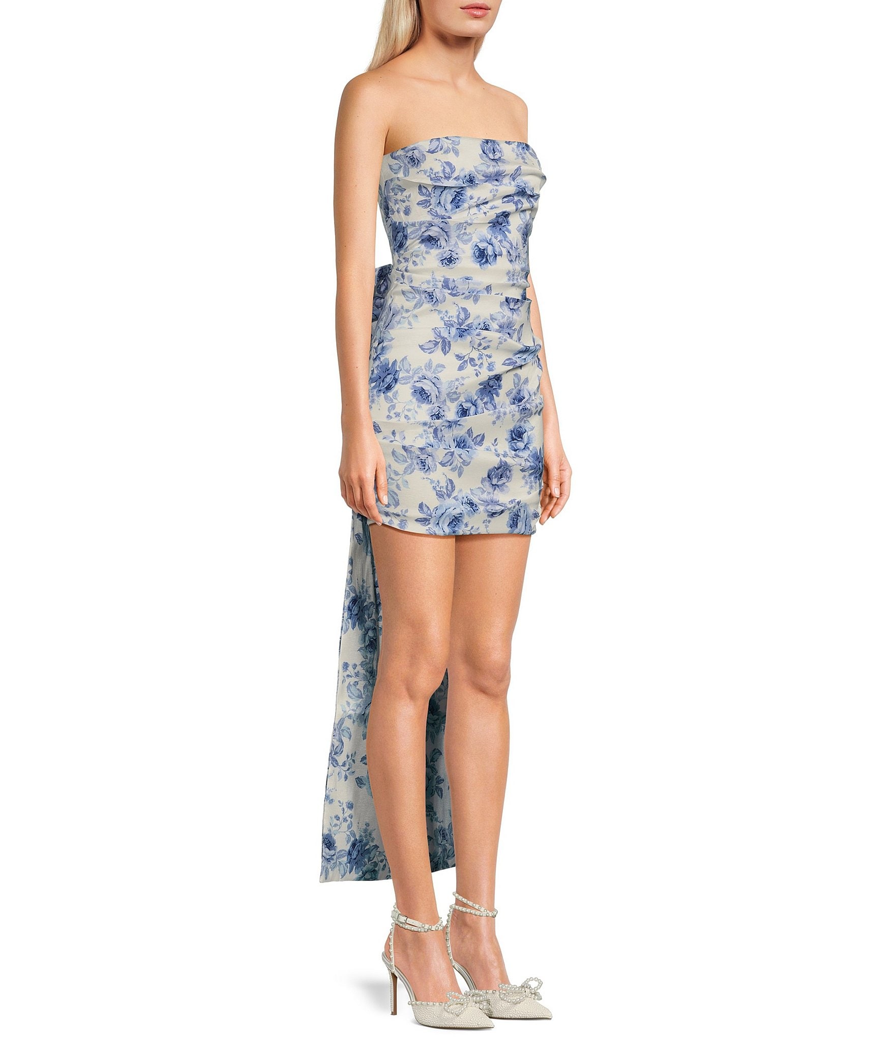Allison & Kelly Strapless Taffeta Floral Print Bow Back Mini Dress