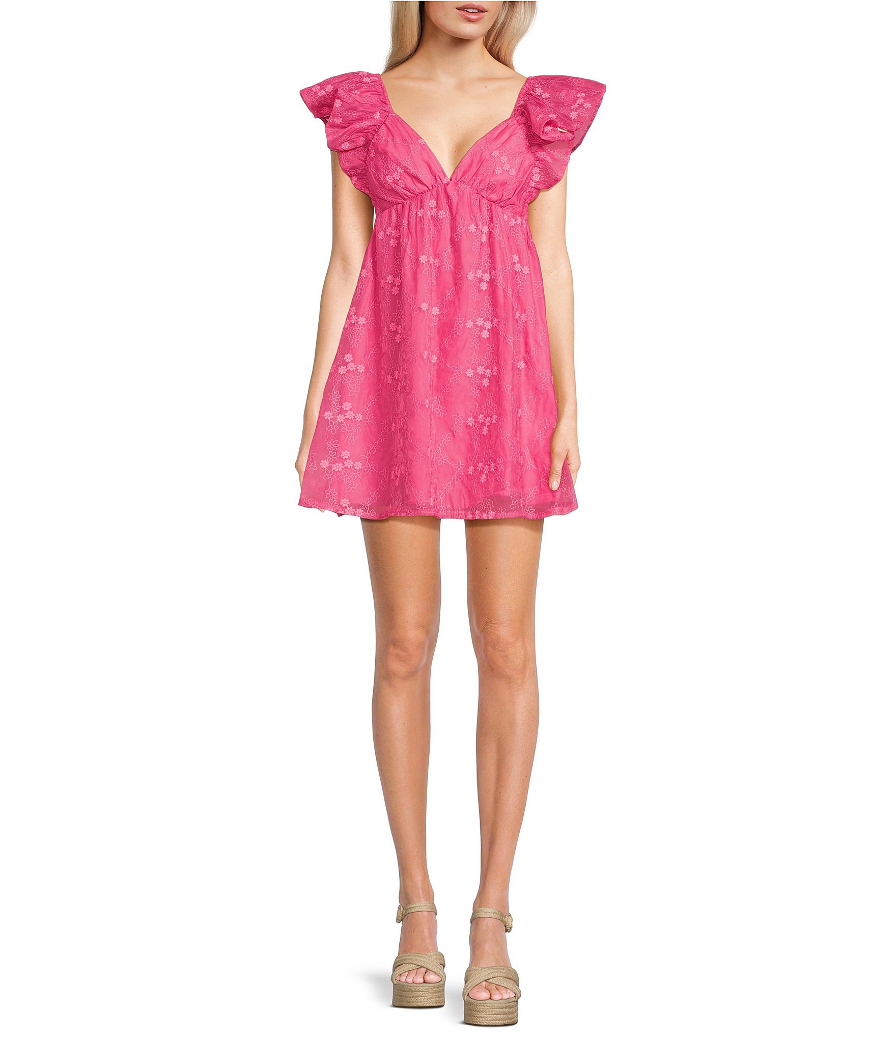 Allison & Kelly V-Neck Flutter Sleeve Embroidered Chiffon Floral Dress ...