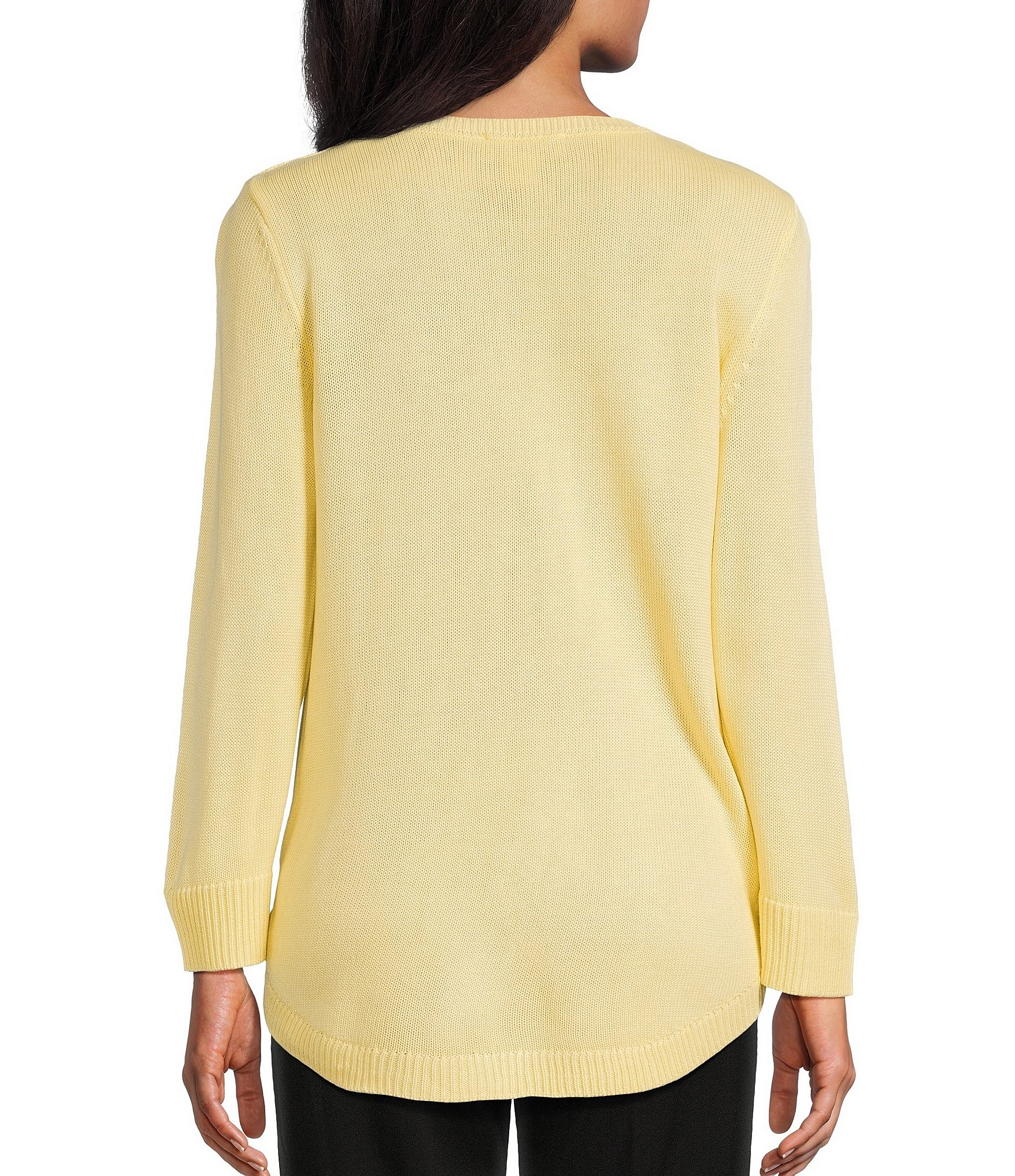Allison Daley 3/4 Sleeve Crew Neck Curve Hem Diagonal Rib Front Sweater