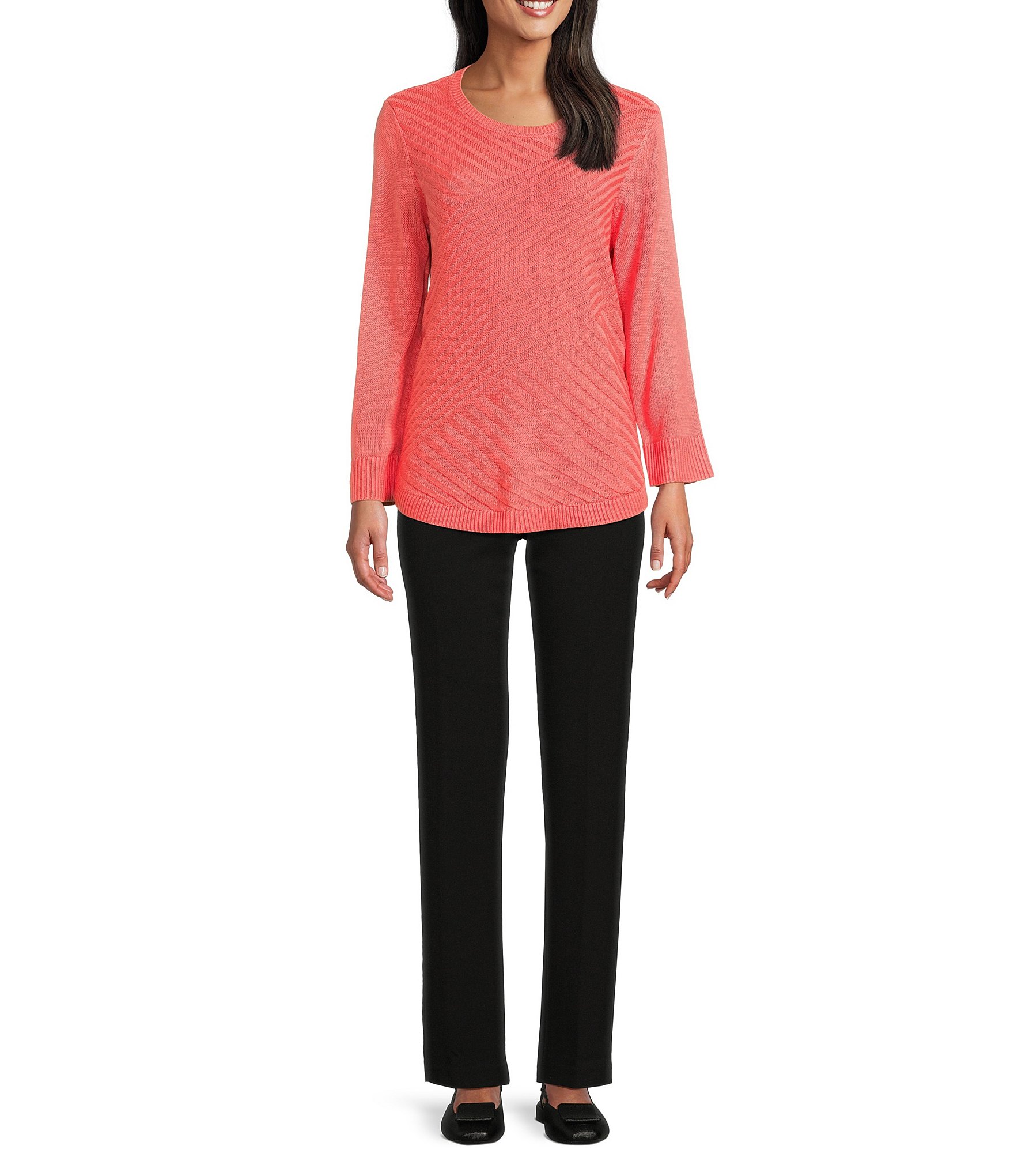 Allison Daley 3/4 Sleeve Crew Neck Curve Hem Diagonal Rib Front Sweater