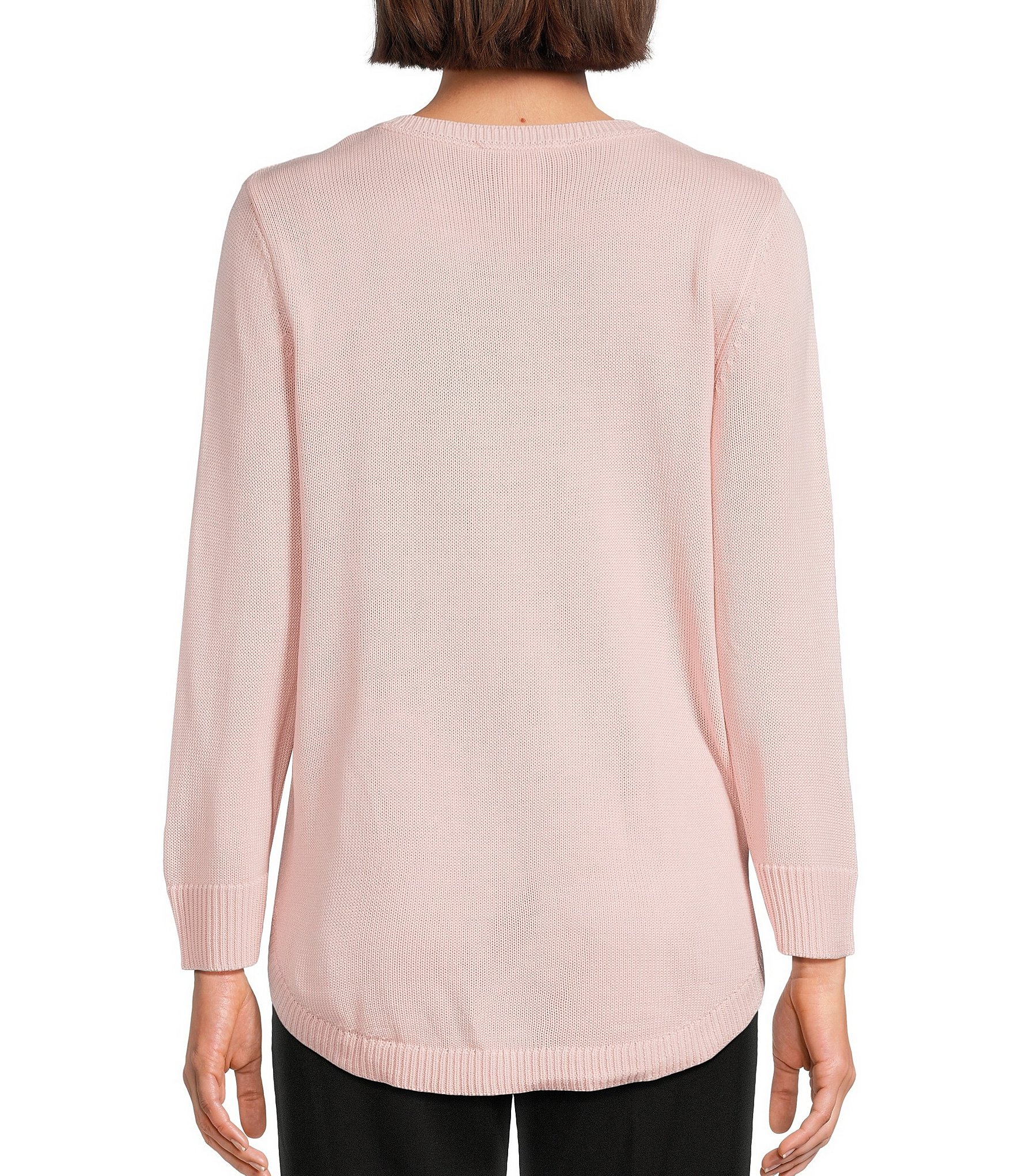 Allison Daley 3/4 Sleeve Crew Neck Curve Hem Diagonal Rib Front Sweater