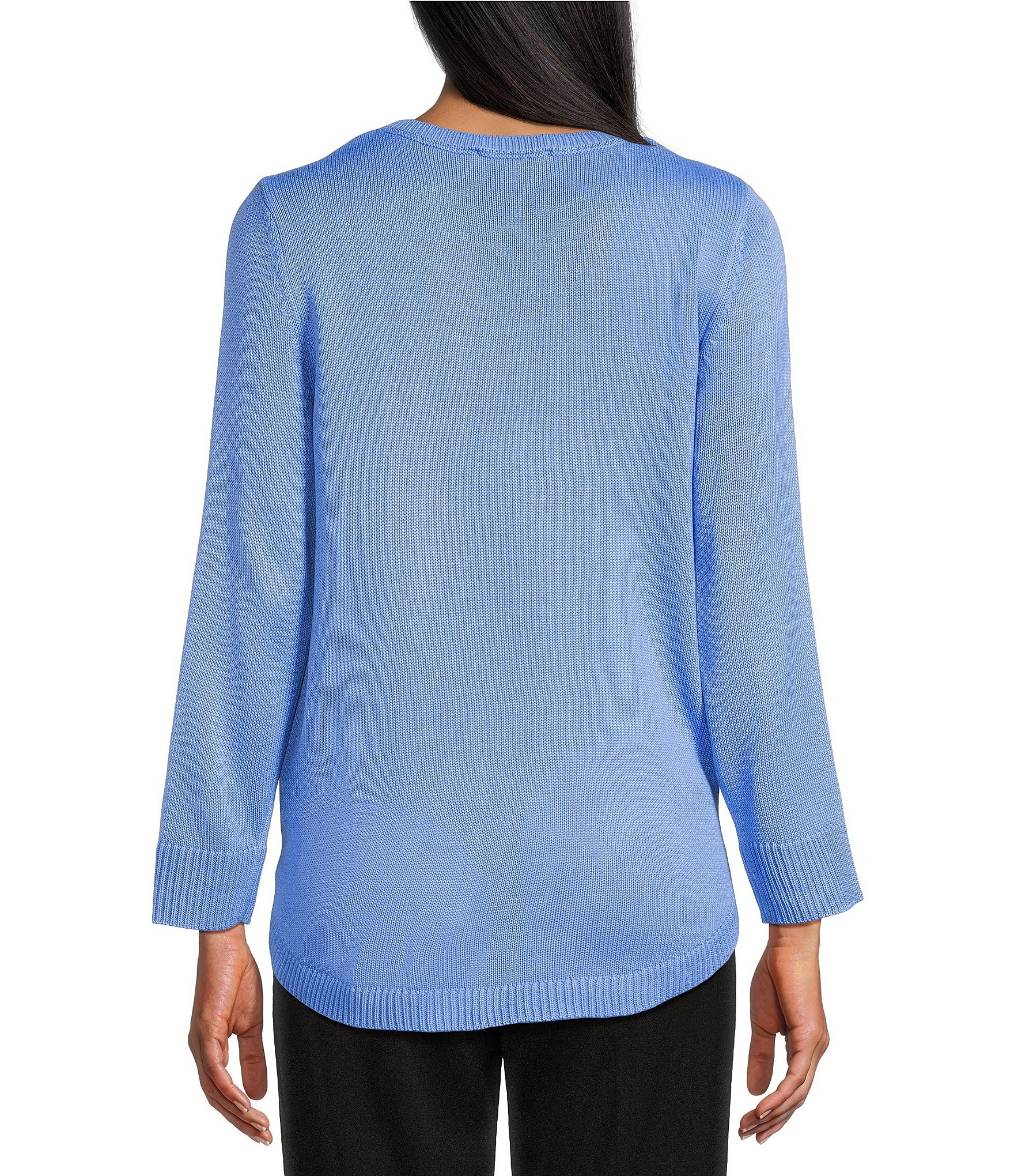 Allison Daley 3/4 Sleeve Crew Neck Curve Hem Diagonal Rib Front Sweater