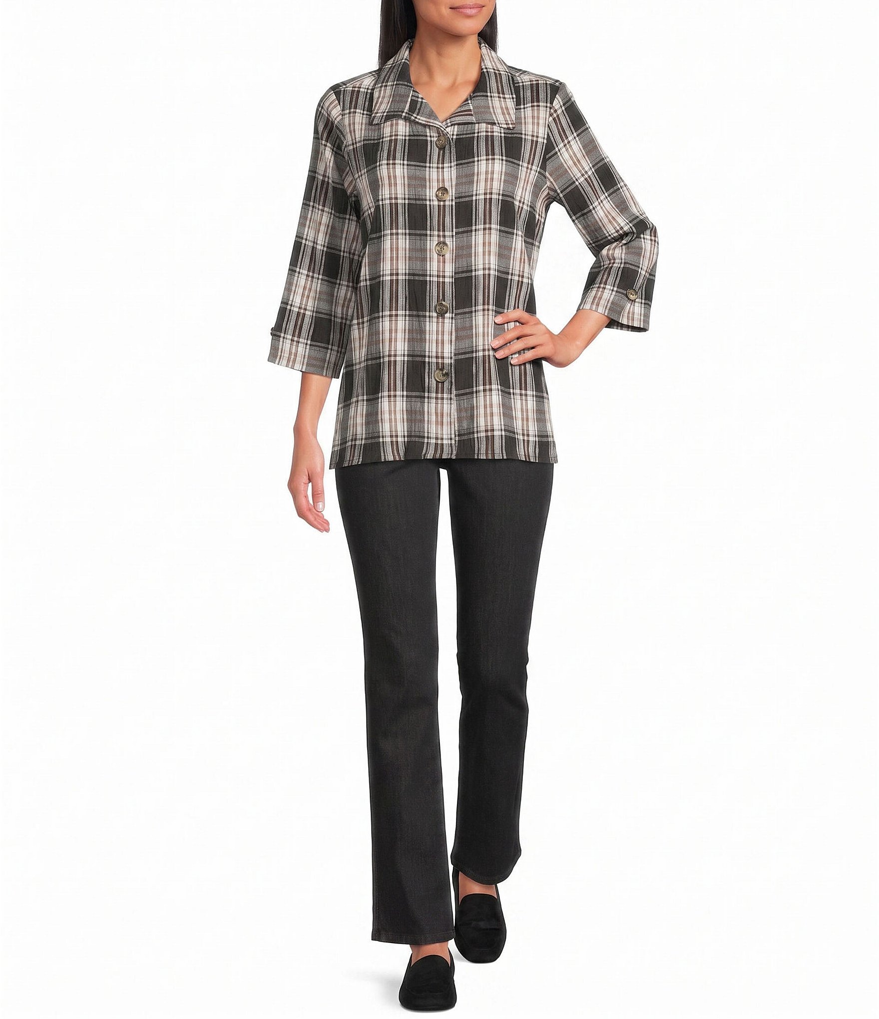 Allison Daley 3/4 Sleeve Point Collar Button Front Blouse