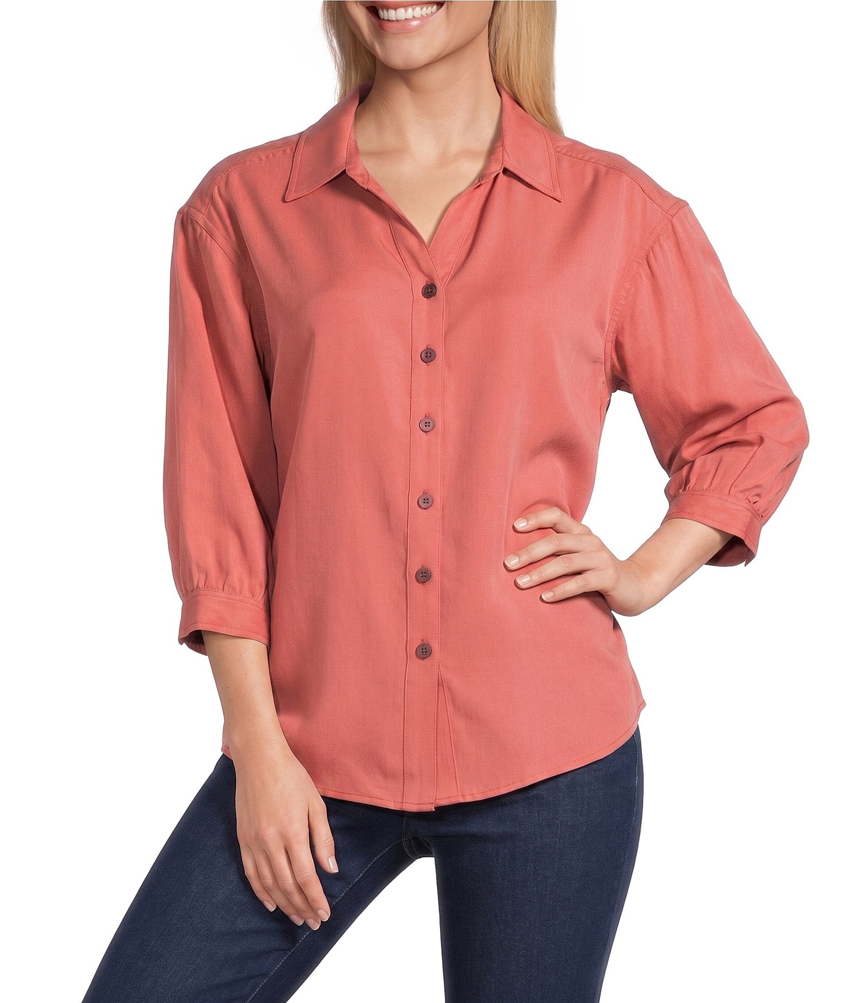 Allison Daley 3/4 Sleeve Point Collar Y-Neck Button Front Top