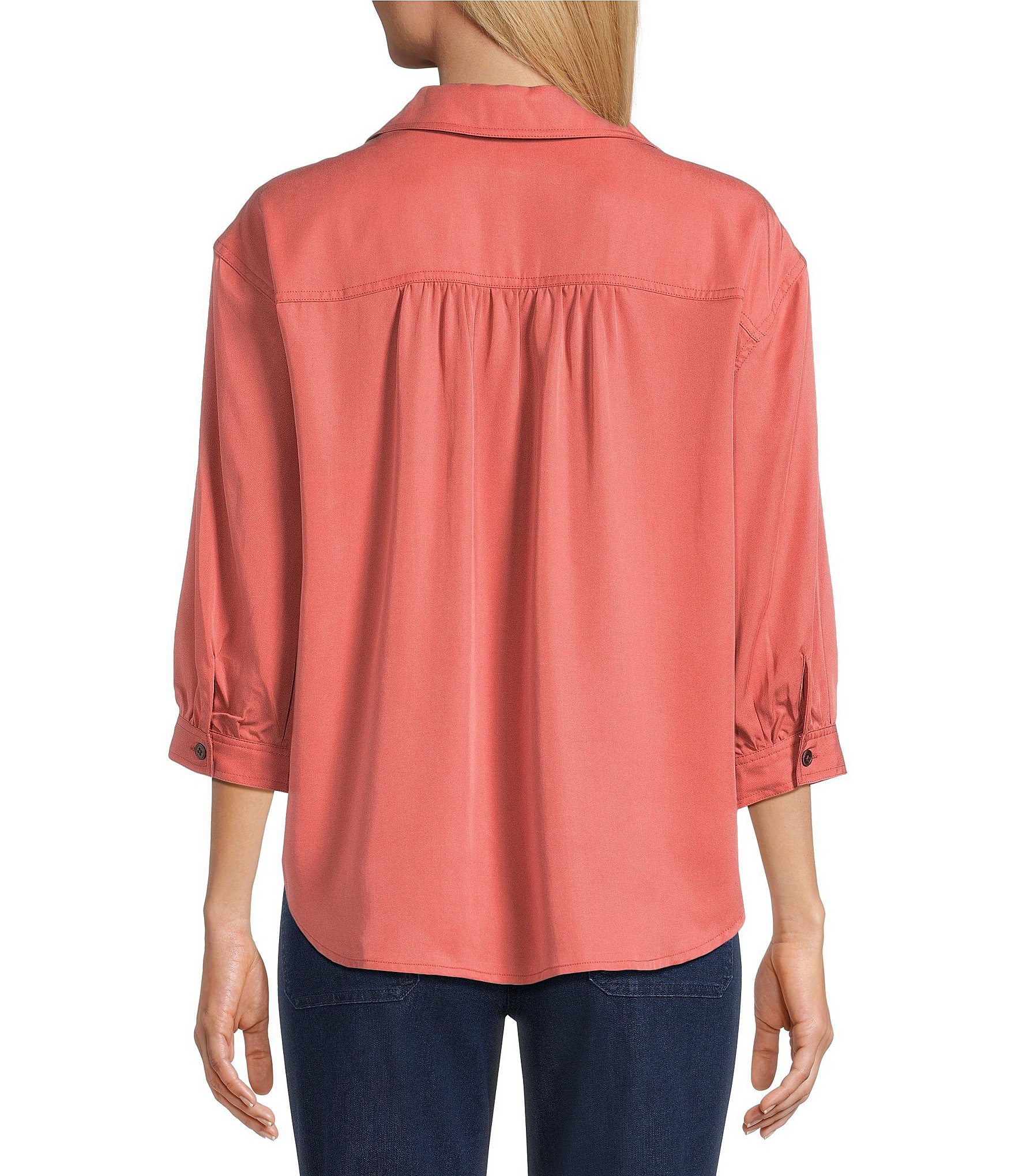 Allison Daley 3/4 Sleeve Point Collar Y-Neck Button Front Top