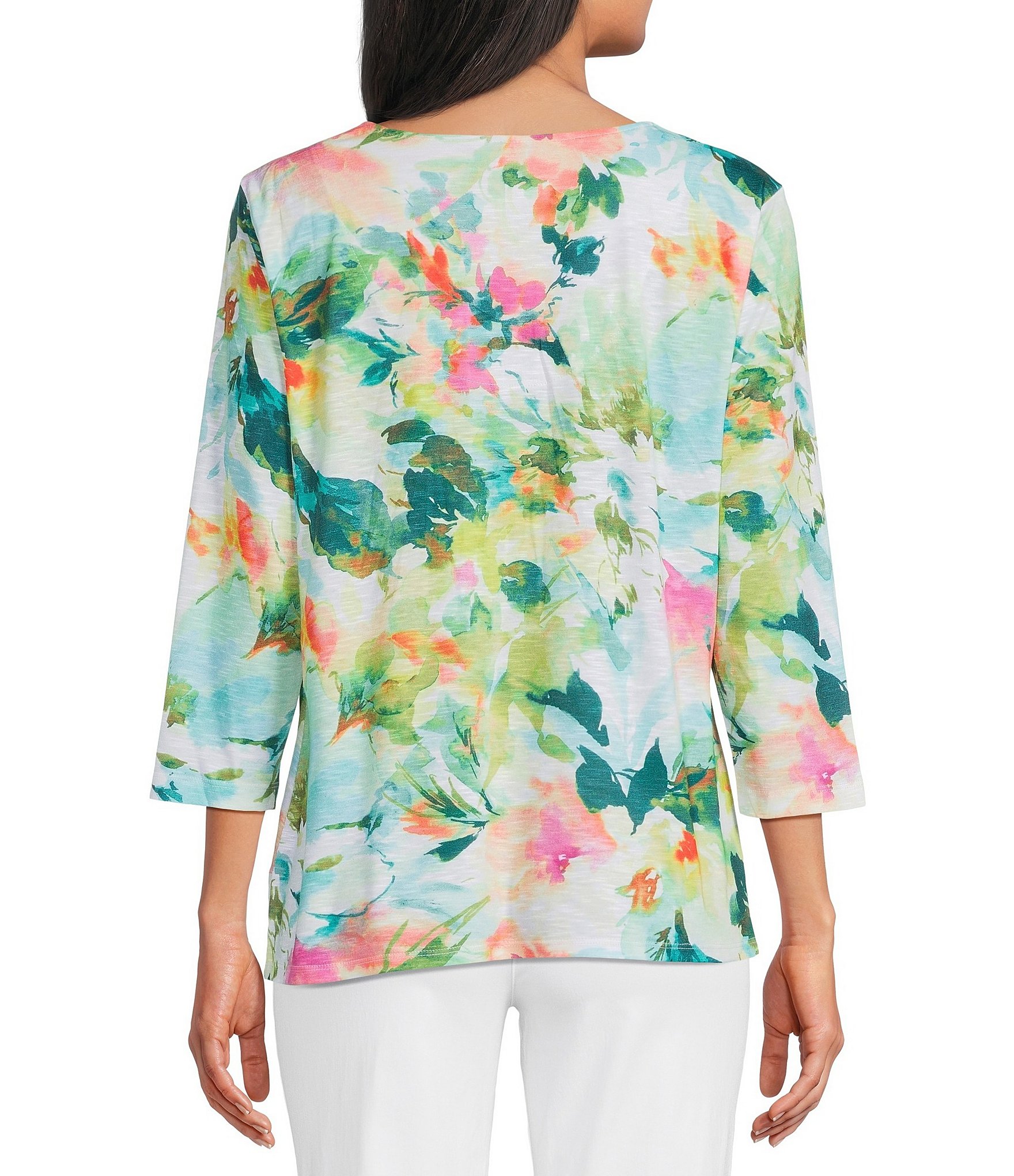 Allison Daley 3/4 Sleeve V-Neck Knot Hem Knit Top