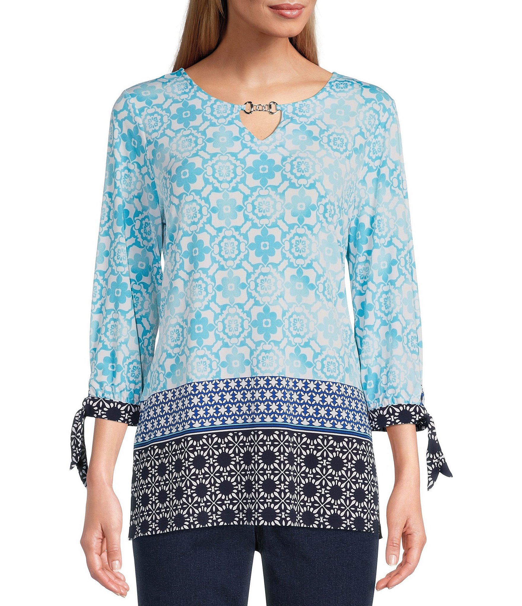 Allison Daley Medallion Print 3/4 Tie Sleeve Chain Embellished Keyhole ...