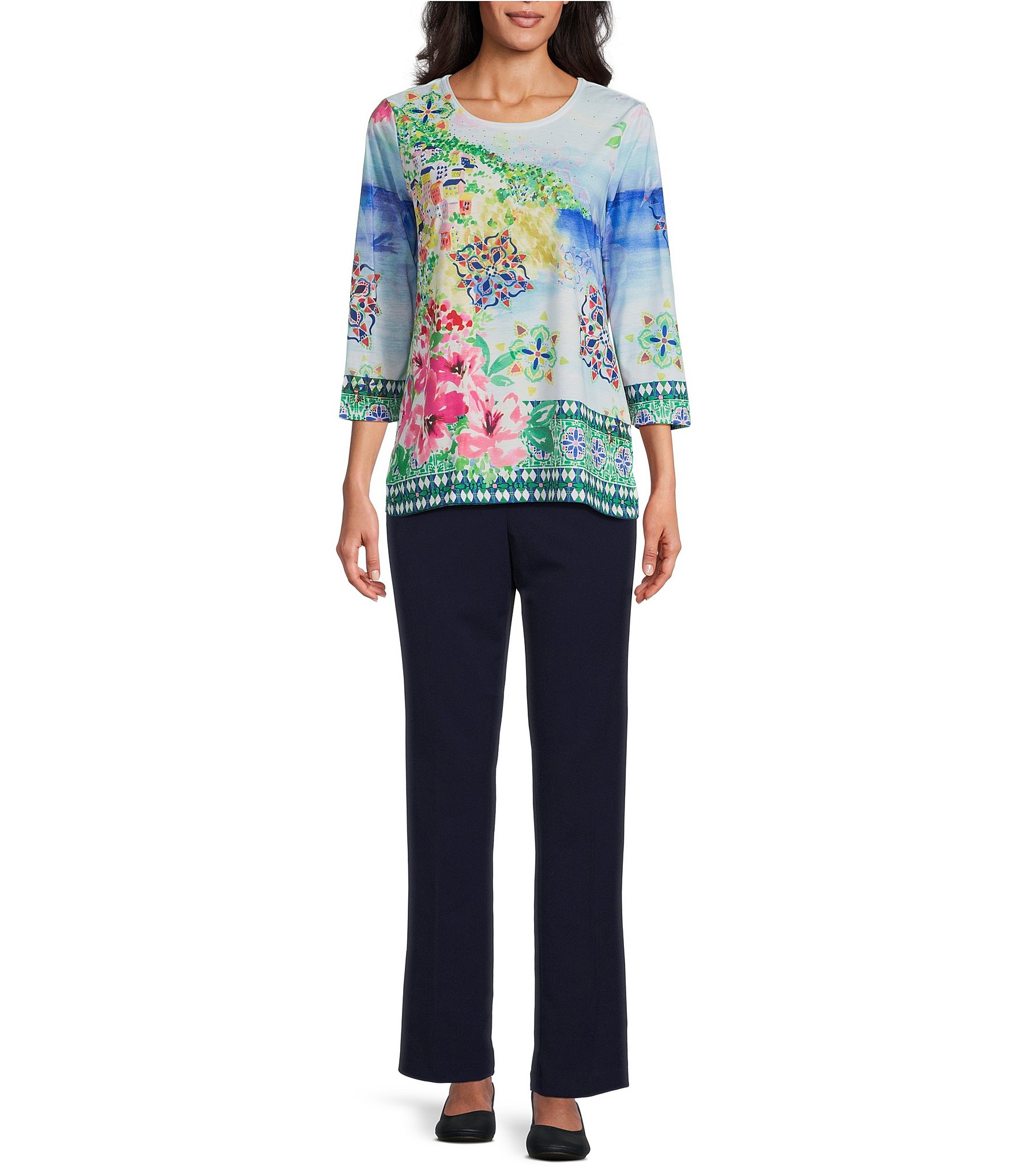 Allison Daley Amalfi Coast Print 3/4 Sleeve Crew Neck Knit Top