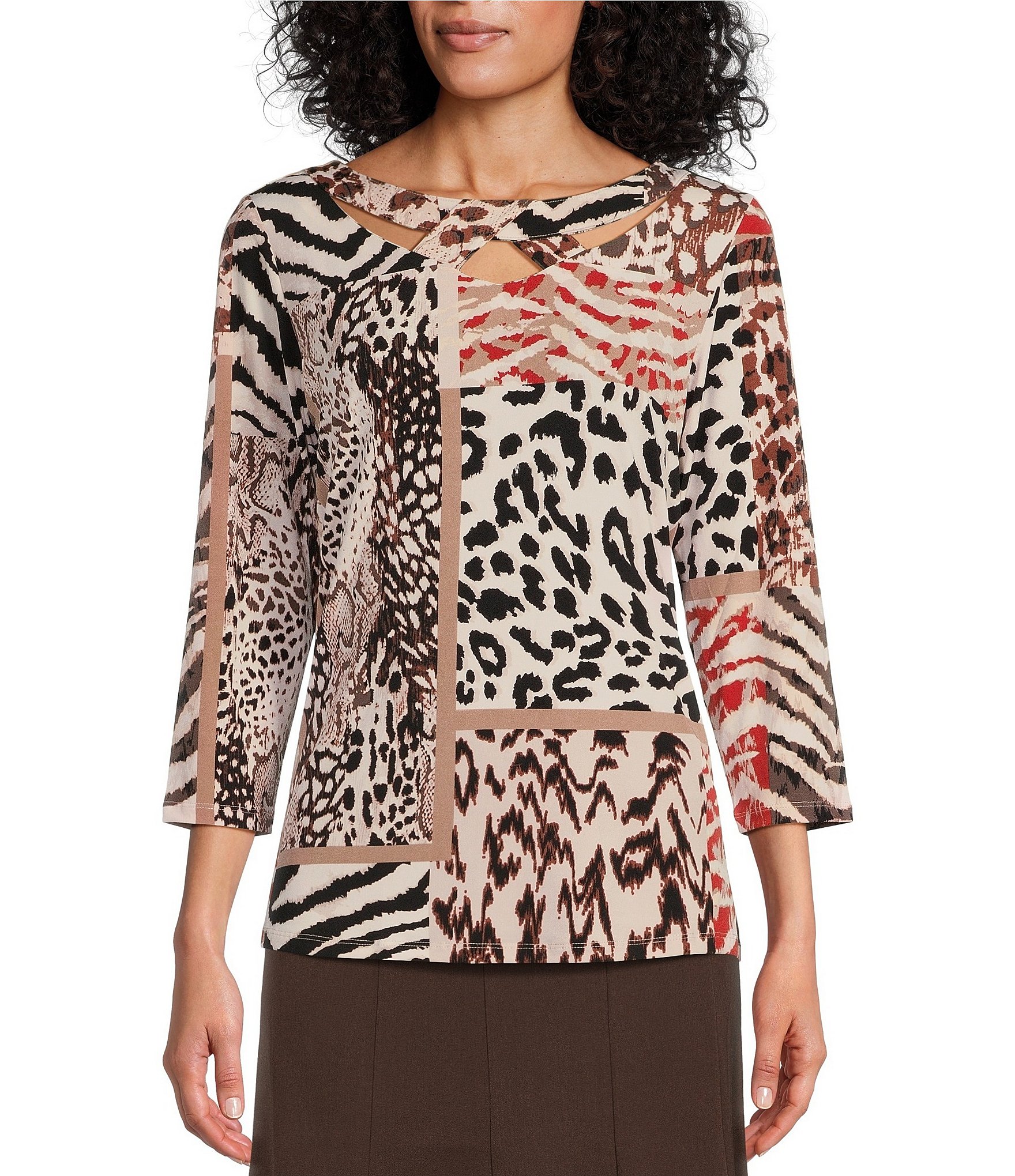 Allison Daley Animal Patch 3/4 Sleeve Crossover Neckline Knit Top ...