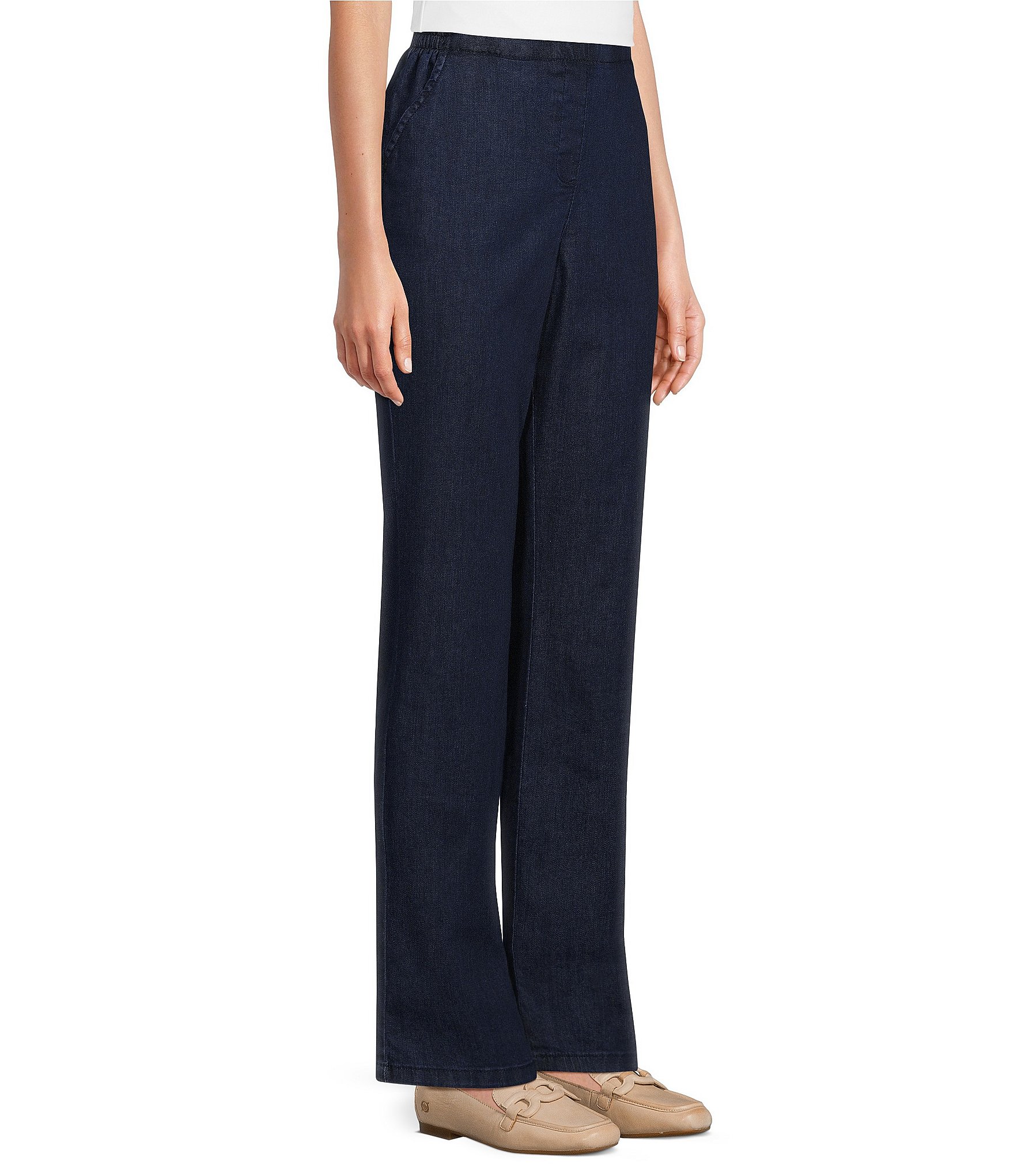 Allison Daley Chambray Straight Leg Stretch Denim Elastic Waist Pull-On Jeans