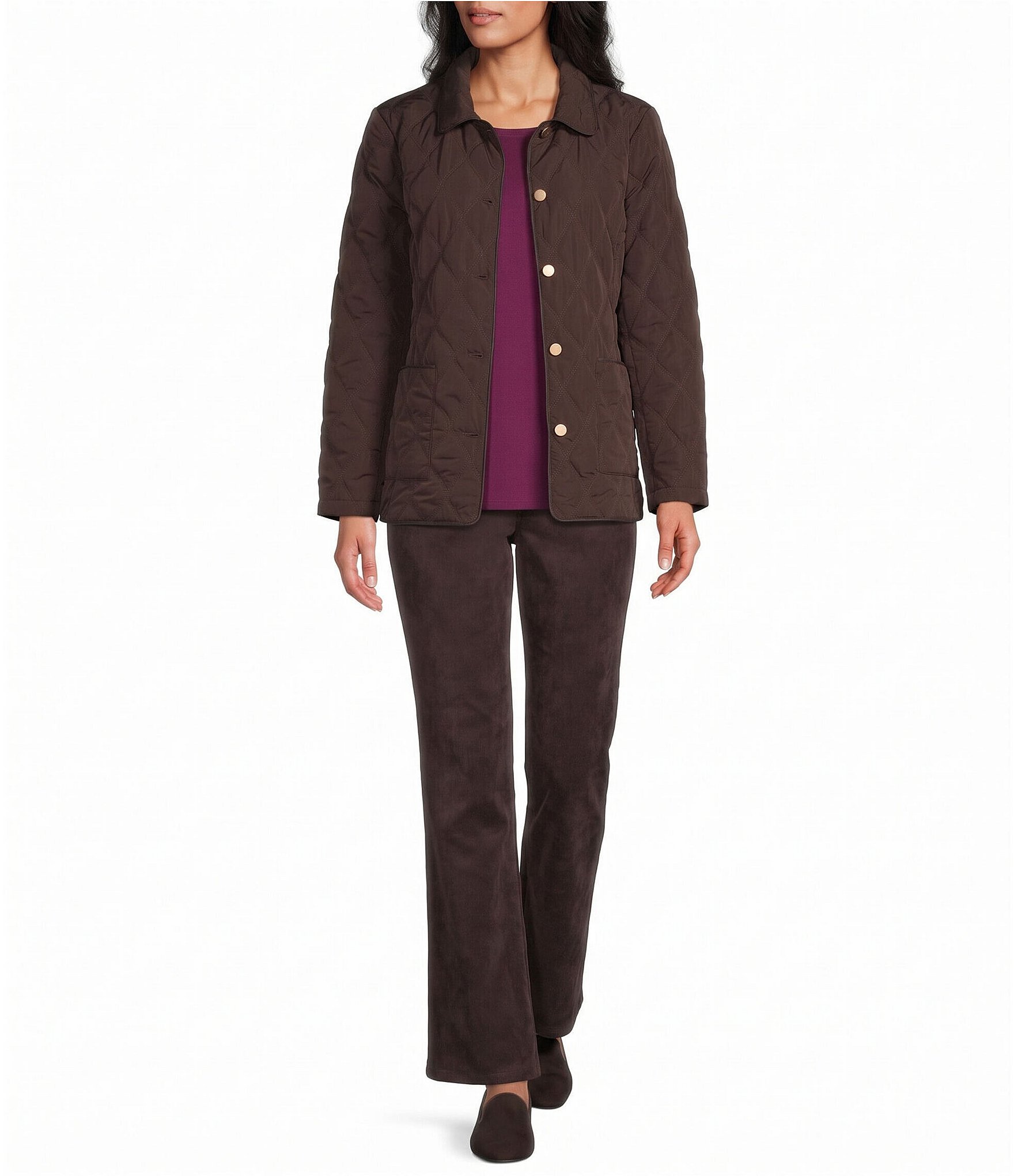 Allison Daley Diamond Stitch Woven Quilt Long Sleeve Button Front Jacket