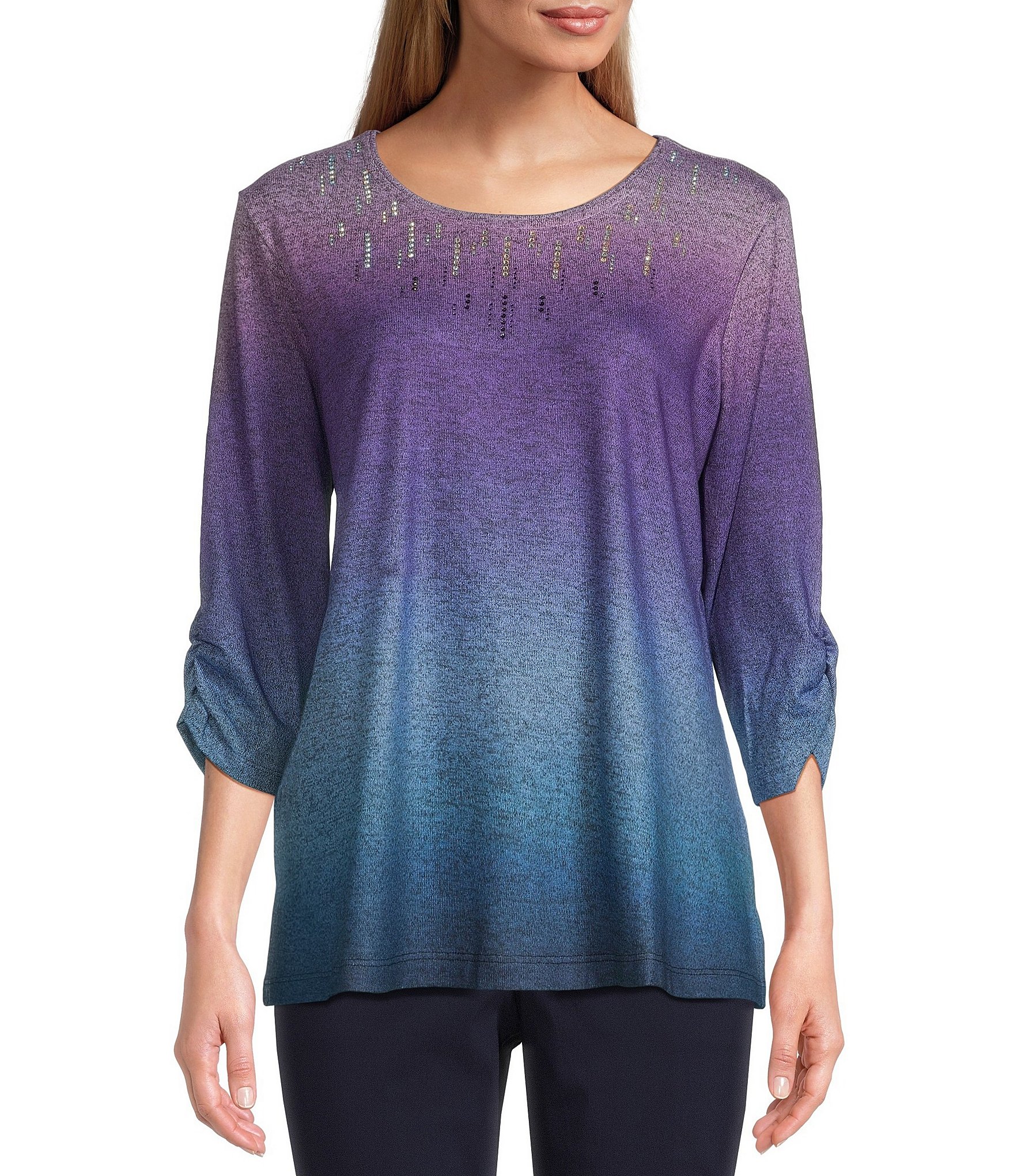 Allison Daley Embellished 3/4 Ruched Sleeve Crew Neck Knit Abstract ...
