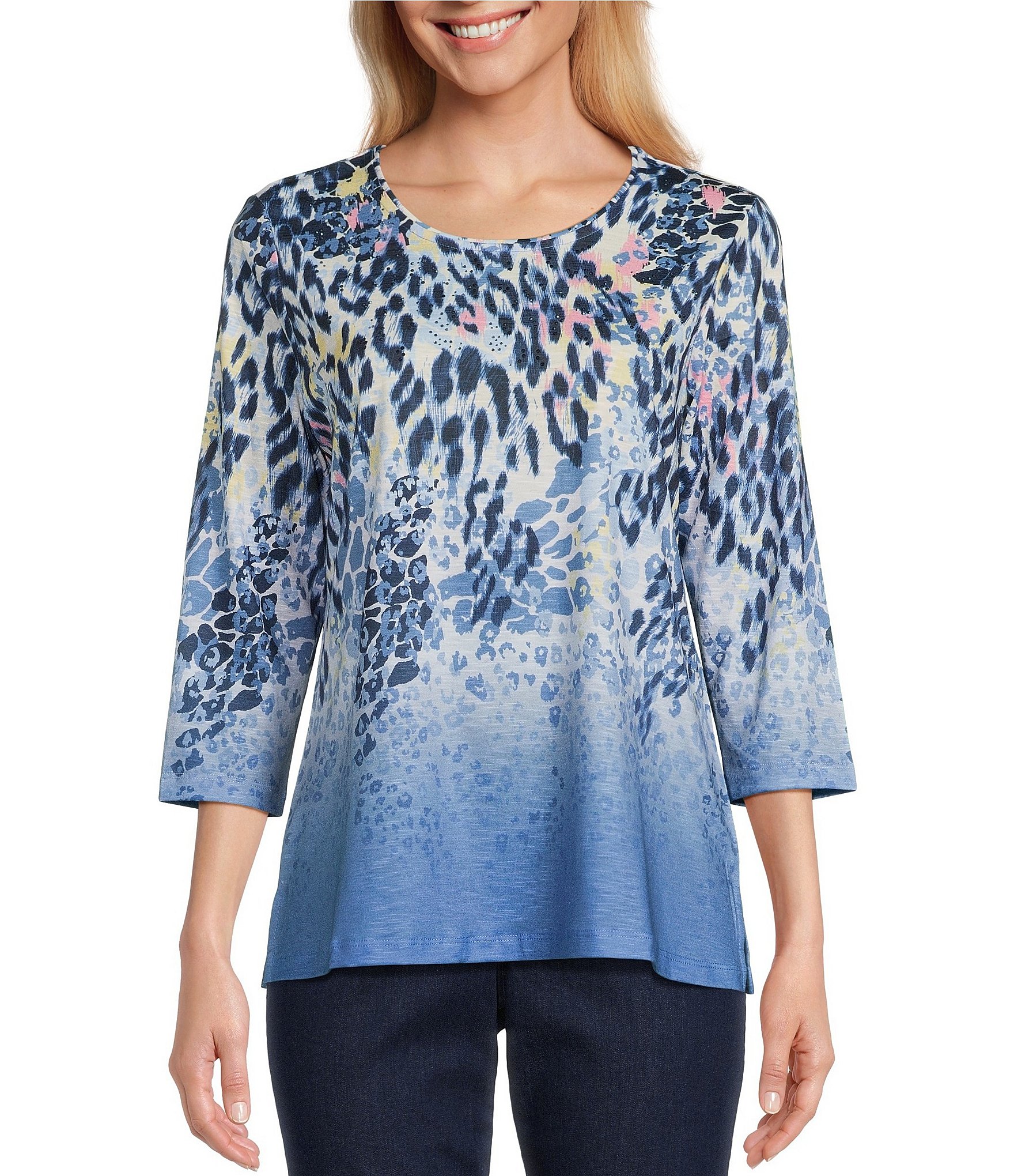 Allison Daley Embellished Animal Ombre Print 3/4 Sleeve Scoop Neck Knit ...