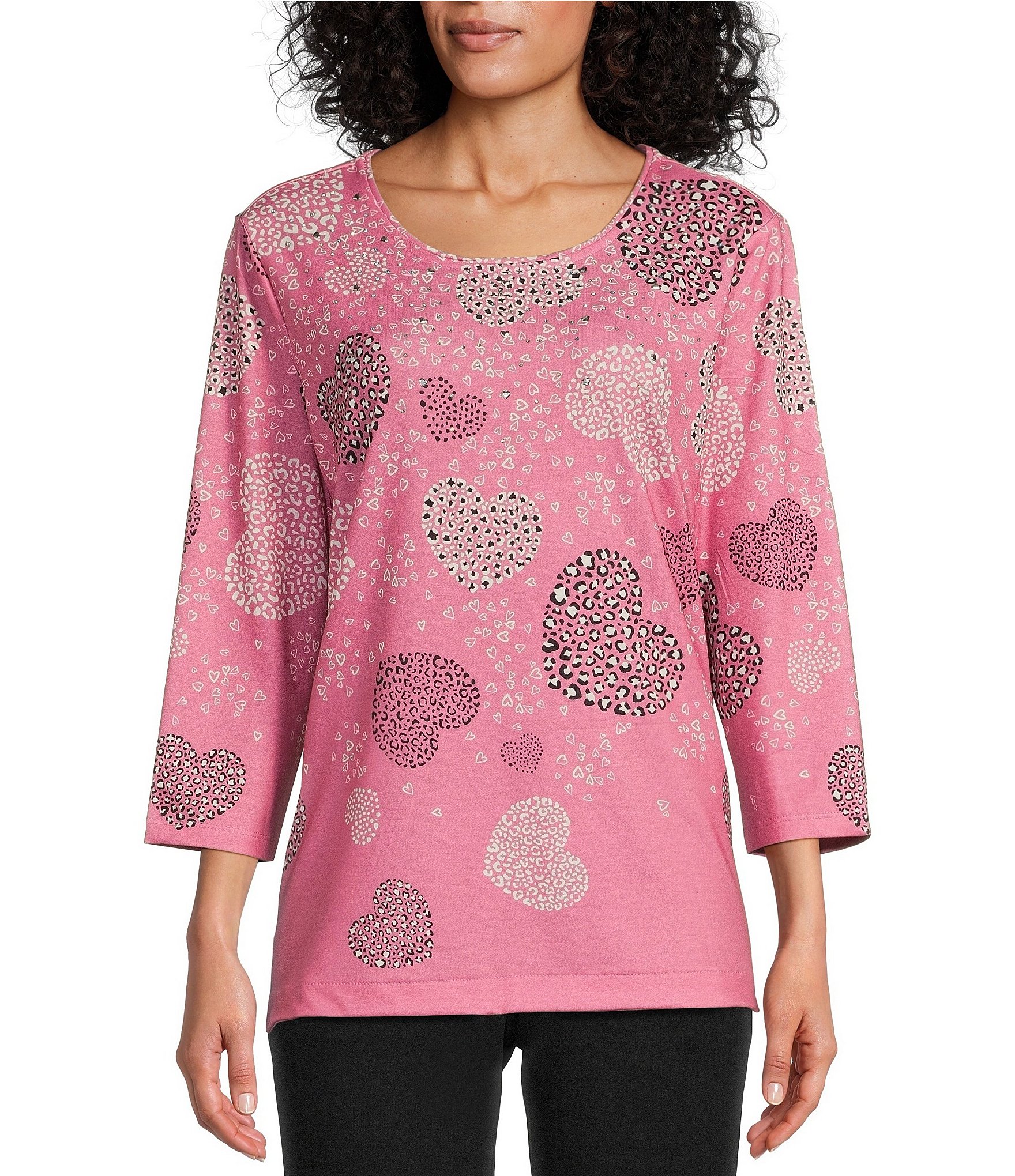 Allison Daley Embellished Cascading Hearts Print 3/4 Sleeve Crew Neck ...