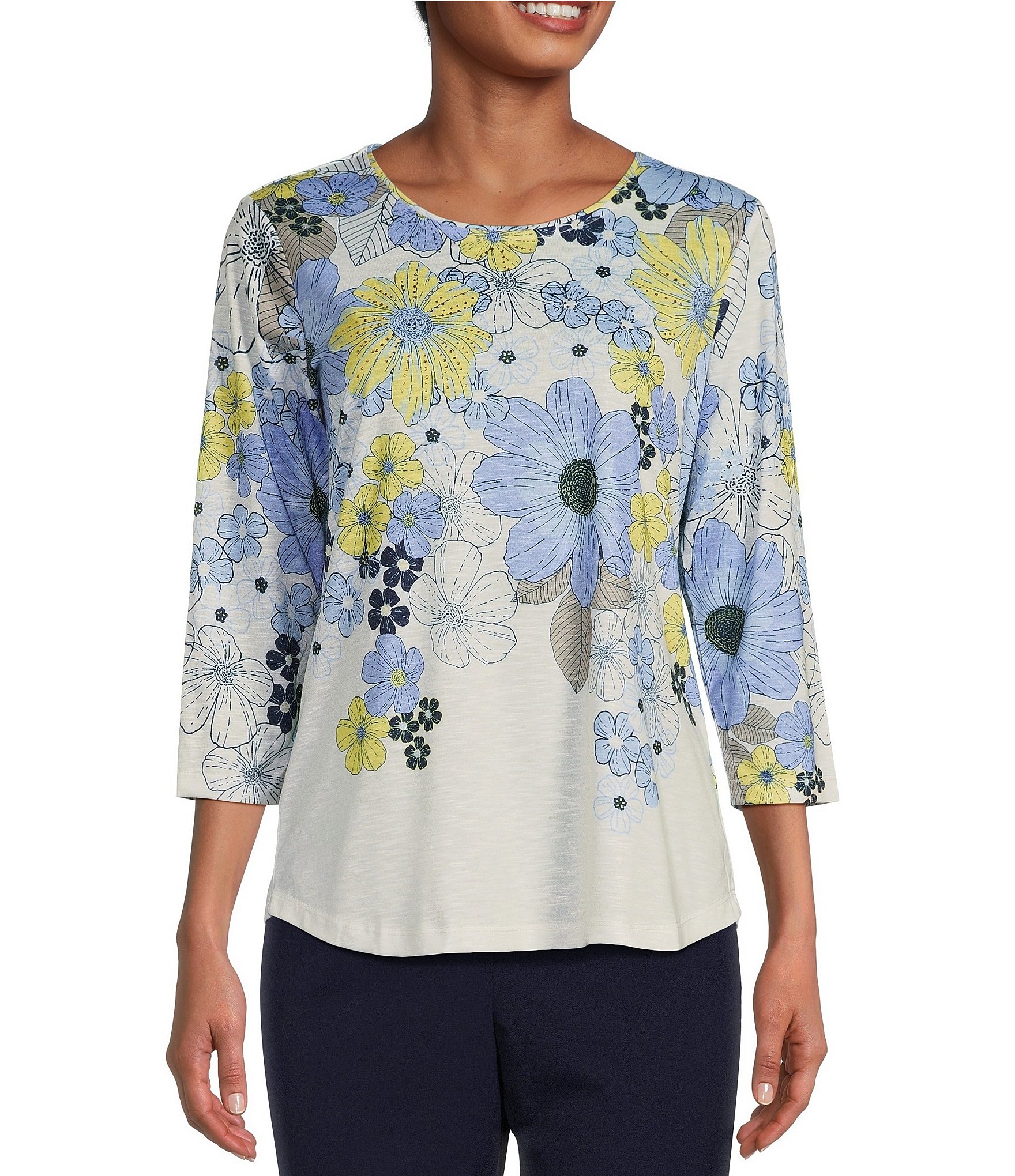 Allison Daley Embellished Floral Print 34 Sleeve Crew Neck Knit Top Dillards 2985