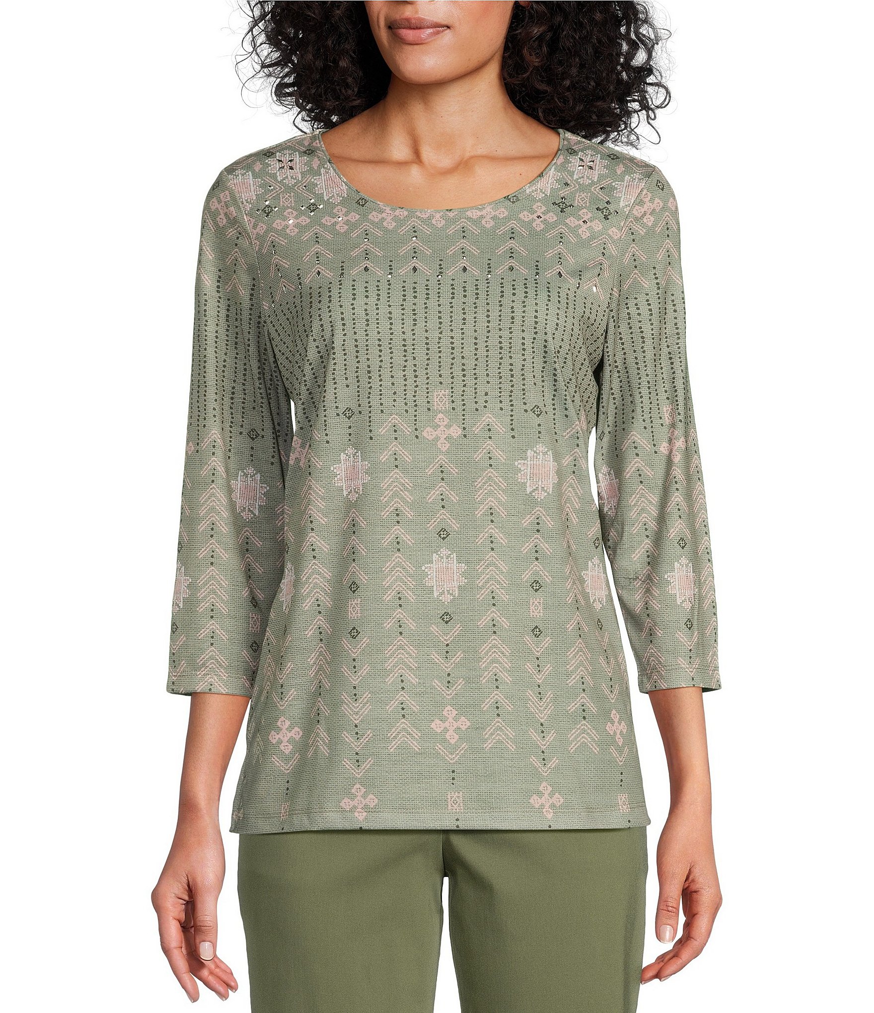 Allison Daley Embellished Folk Stitch Print 3/4 Sleeve Scoop Neck Knit Top  | Dillard's