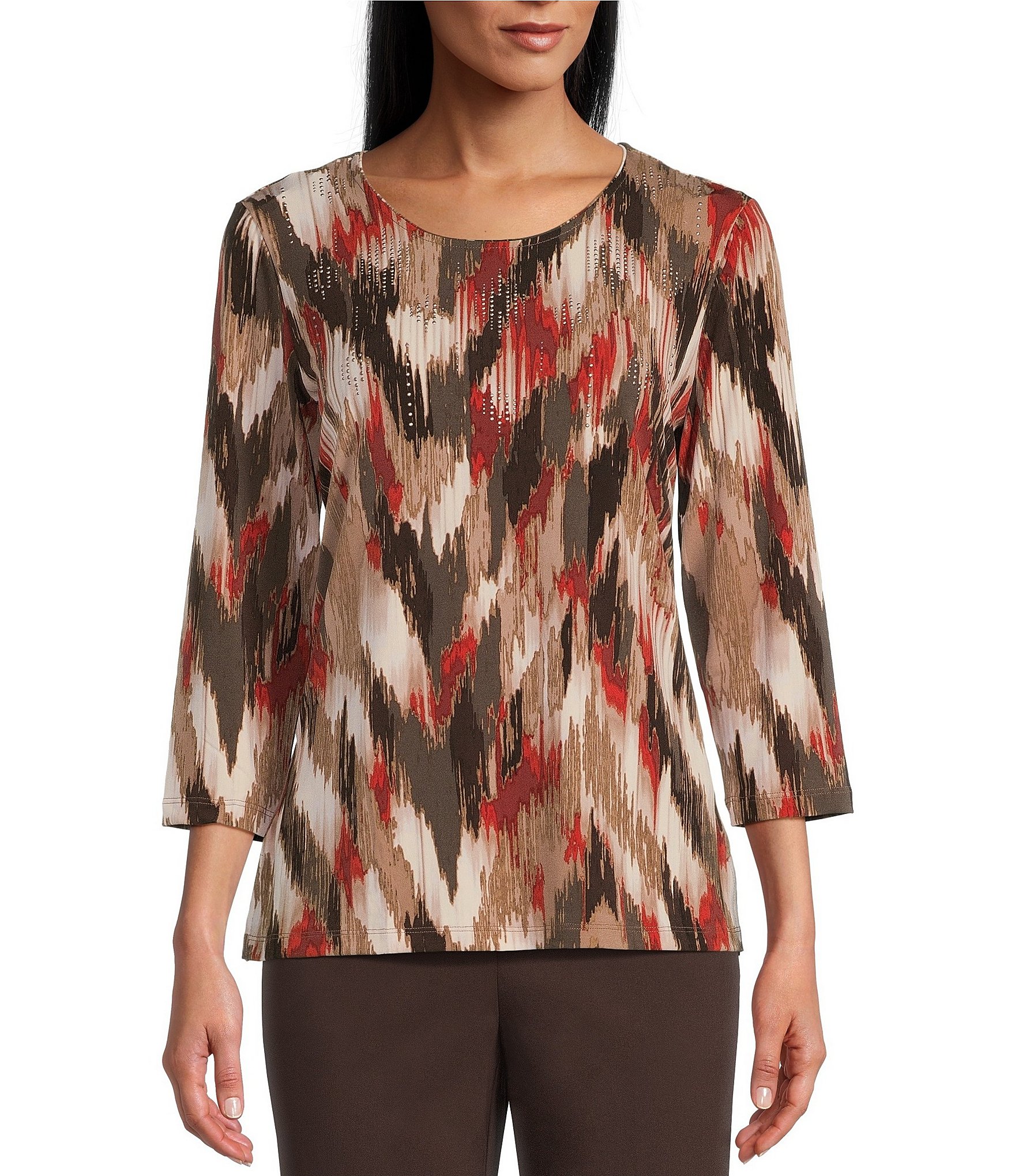 Allison Daley Embellished Ikat Herringbone Print 3/4 Sleeve Knit Shirt ...