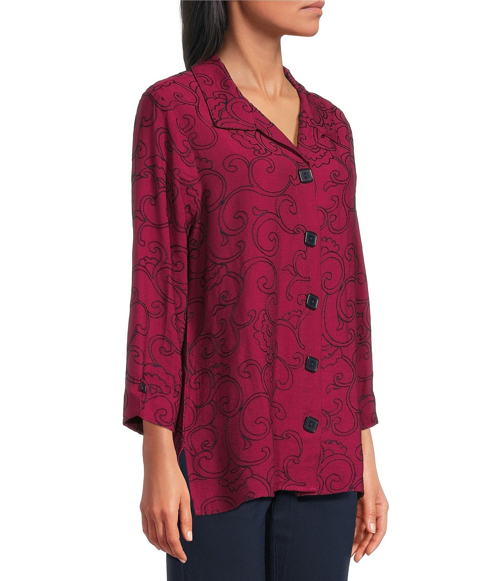 Allison Daley Embroidered 3/4 Sleeve Point Collar Button Front Blouse