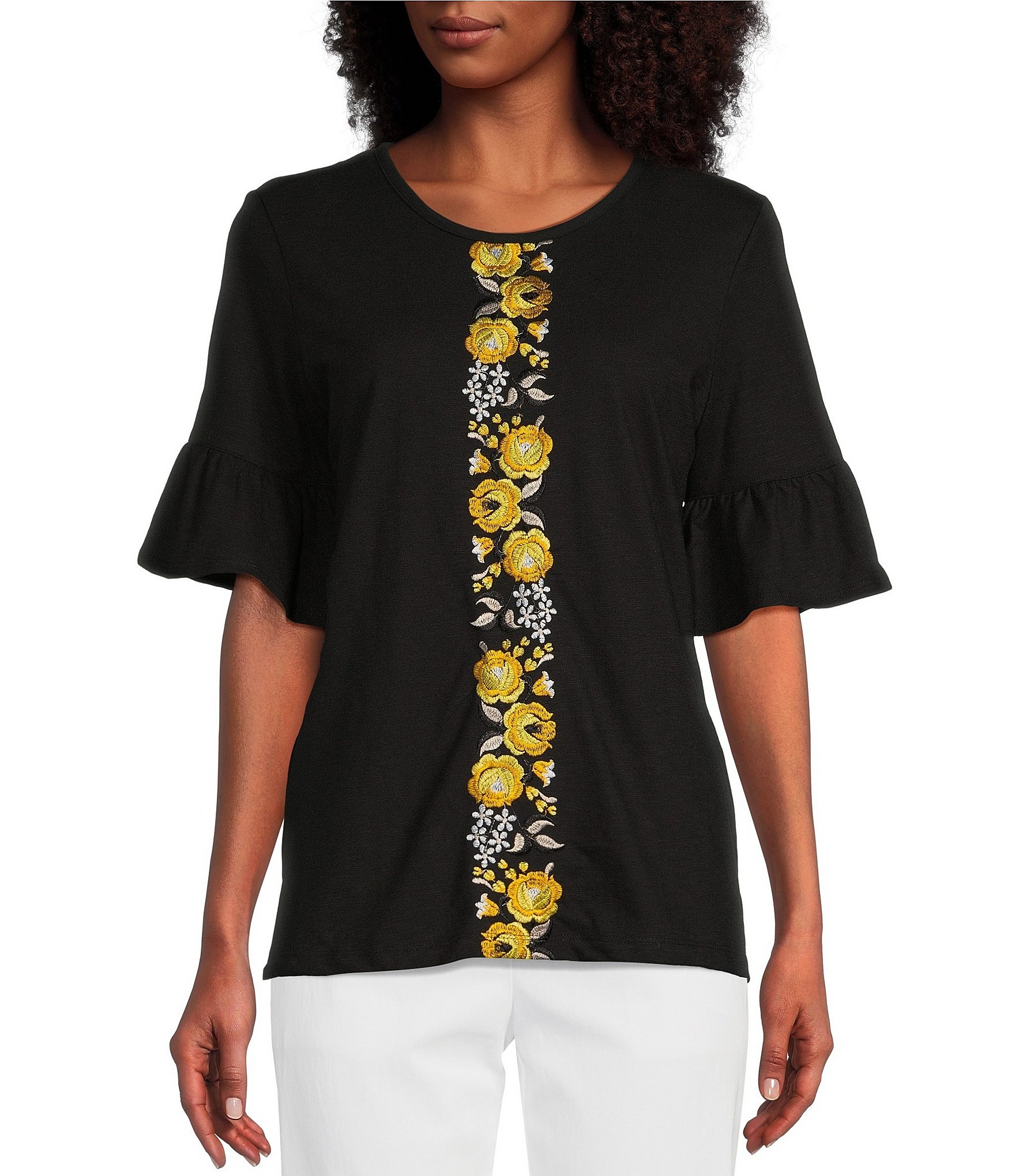 Allison Daley Embroidered Short Ruffled Sleeve Knit Top | Dillard's