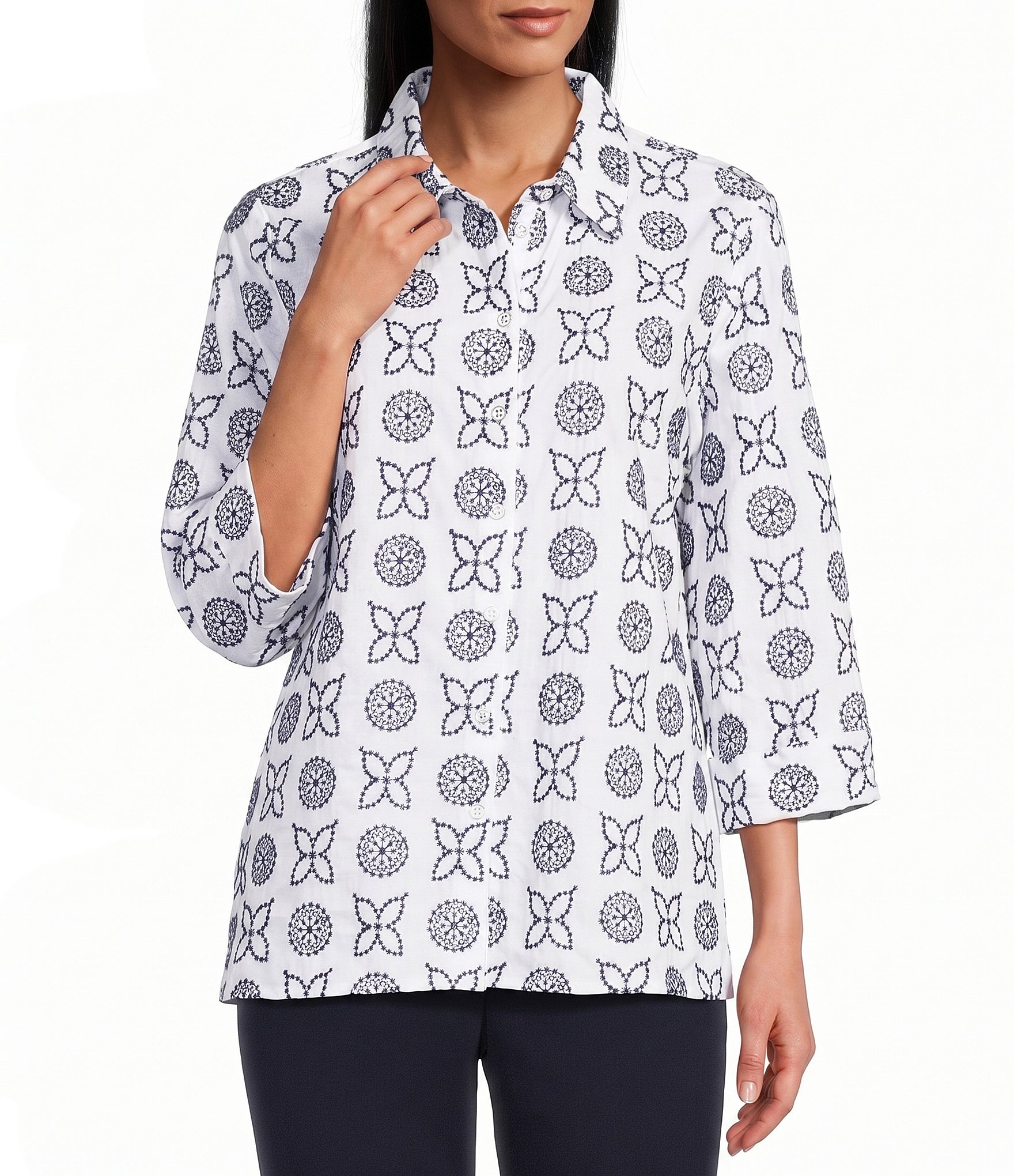 Allison Daley Embroidery 3/4 Sleeve Point Collar Button Front Blouse