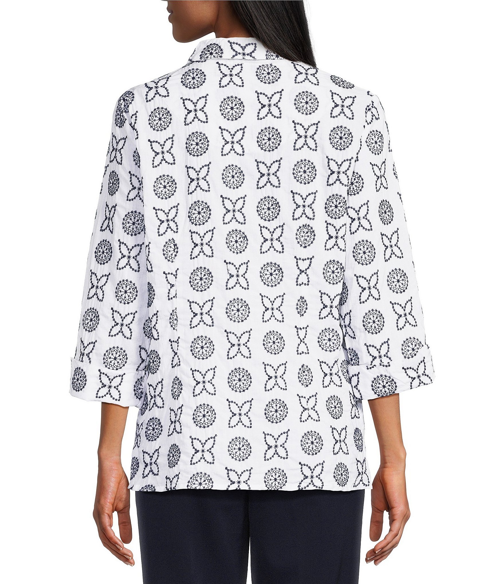 Allison Daley Embroidery 3/4 Sleeve Point Collar Button Front Blouse