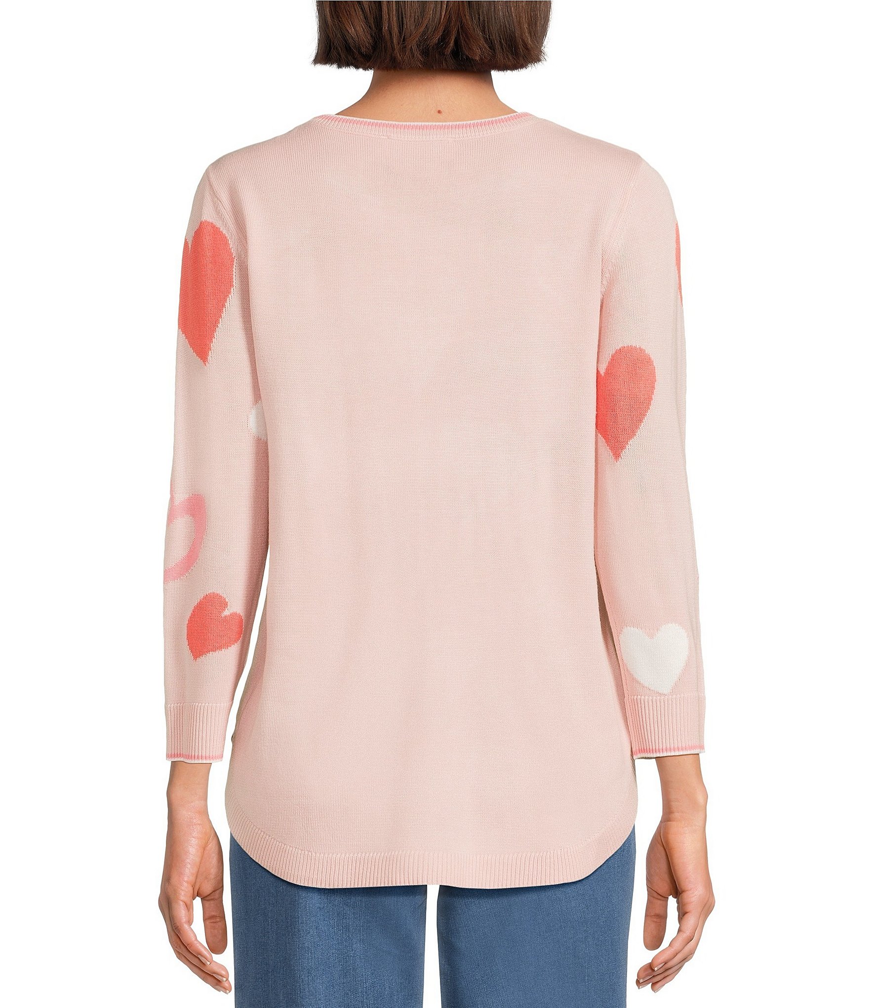 Allison Daley Floating Hearts 3/4 Sleeve Crew Neck Curve Hem Sweater
