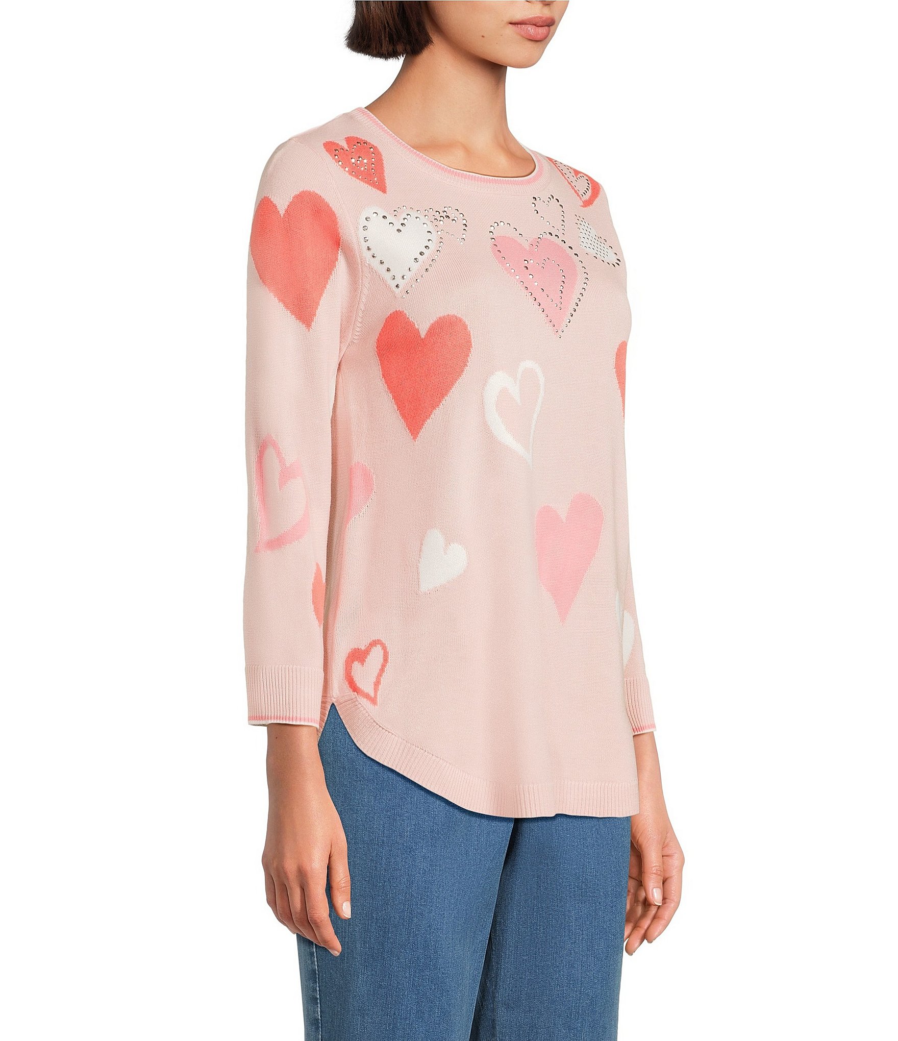 Allison Daley Floating Hearts 3/4 Sleeve Crew Neck Curve Hem Sweater