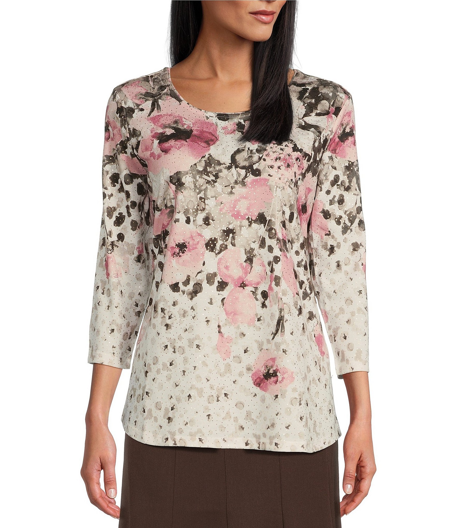 Allison Daley Floral Print 3 4 Sleeve Crew Neck Knit Top Dillards