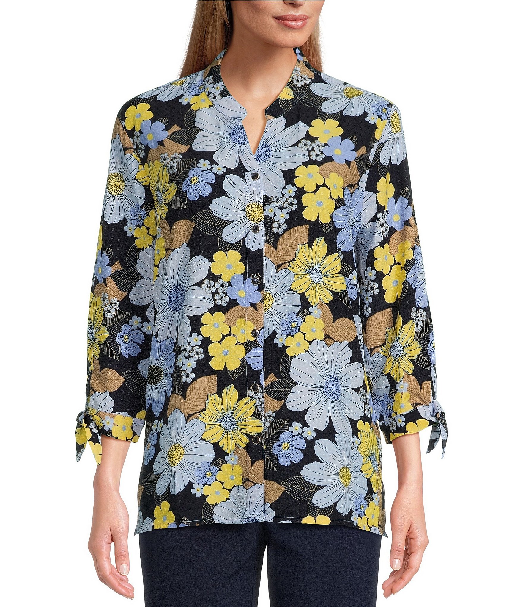 Allison Daley Floral Print Tie 3/4 Sleeve Y-Neck Button Front Top ...