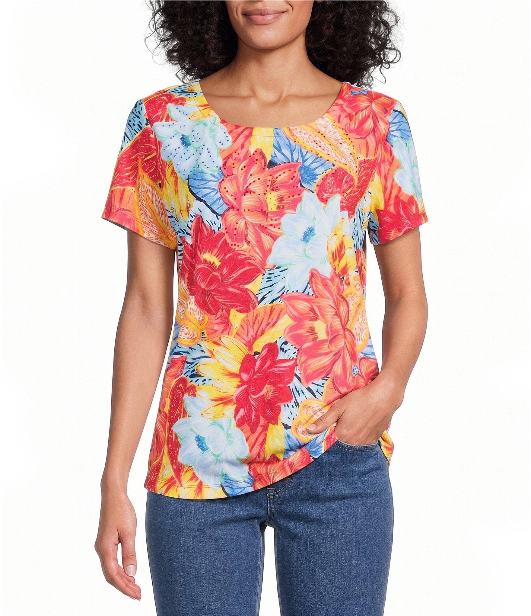 Allison Daley Floral Short Sleeve Crew Neck Top