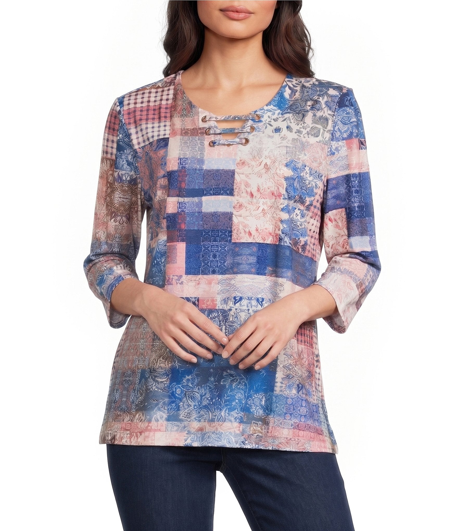 Allison Daley Flowering Plaid Print 3/4 Sleeve Split-V Neck Knit Top
