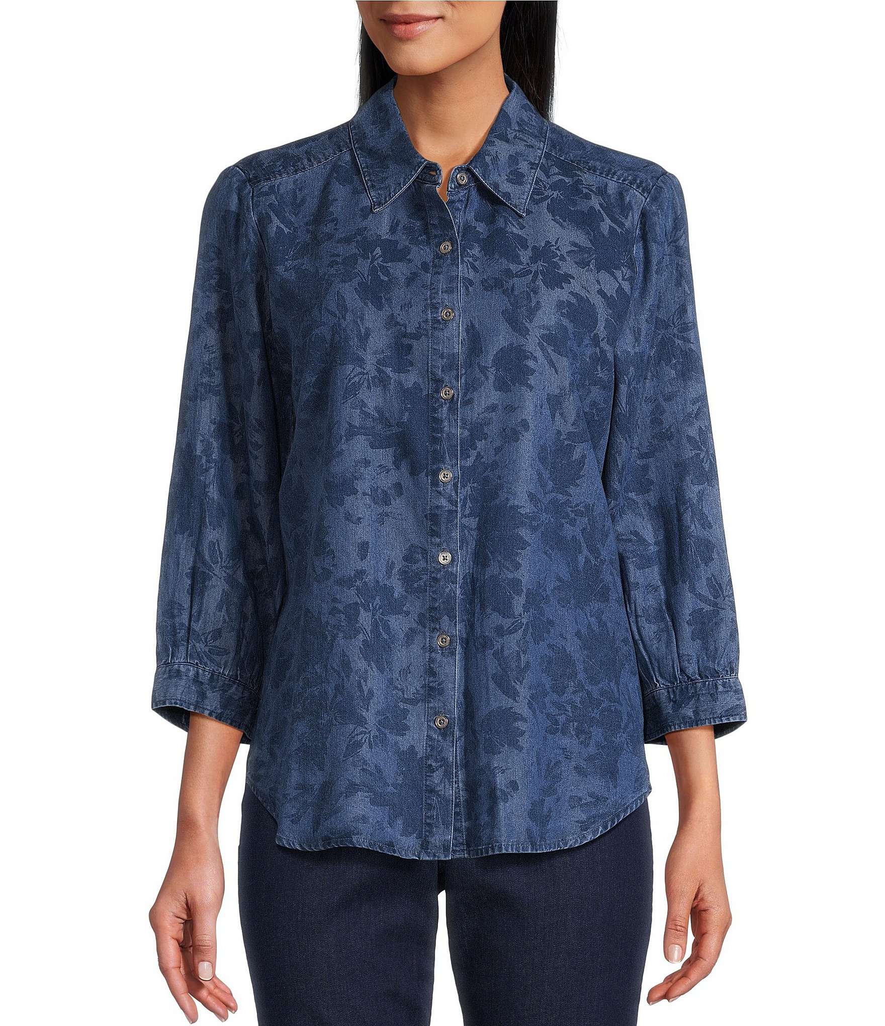Allison Daley Fresh Floral Print 3/4 Sleeve Point Collar Button Front Lyocell Blouse