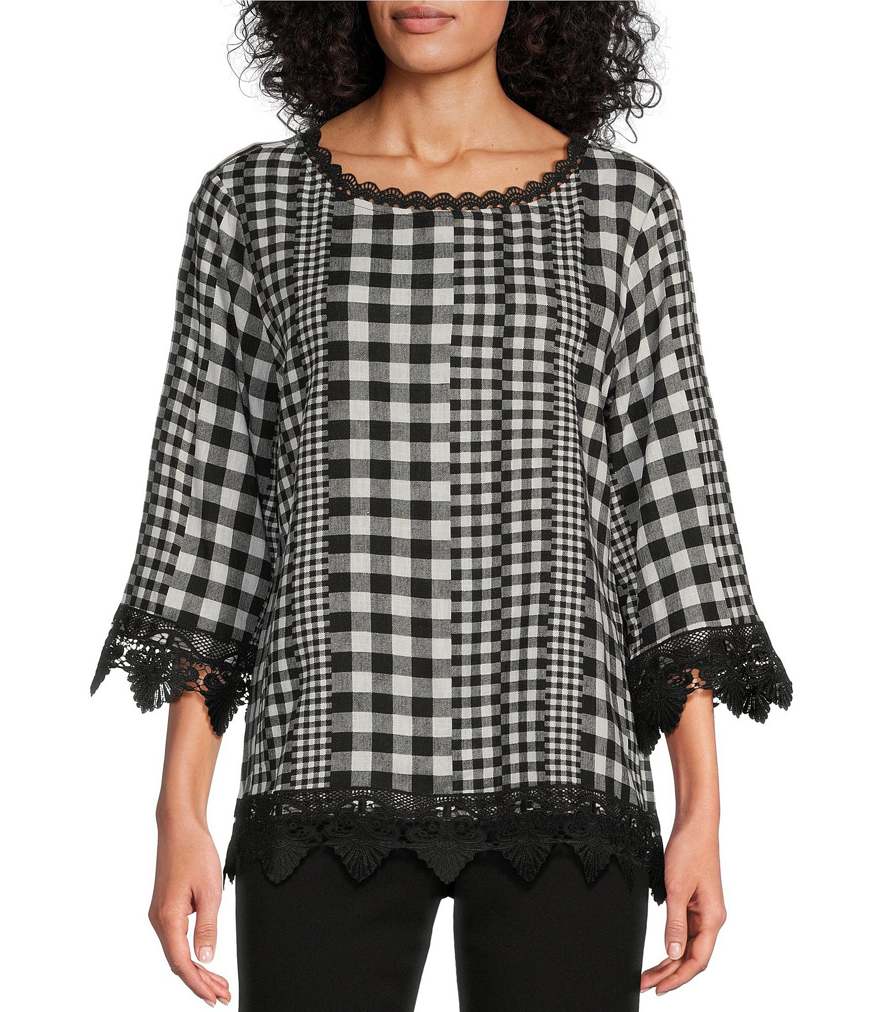 Allison Daley Gingham Patches Print 3/4 Sleeve Crew Neck