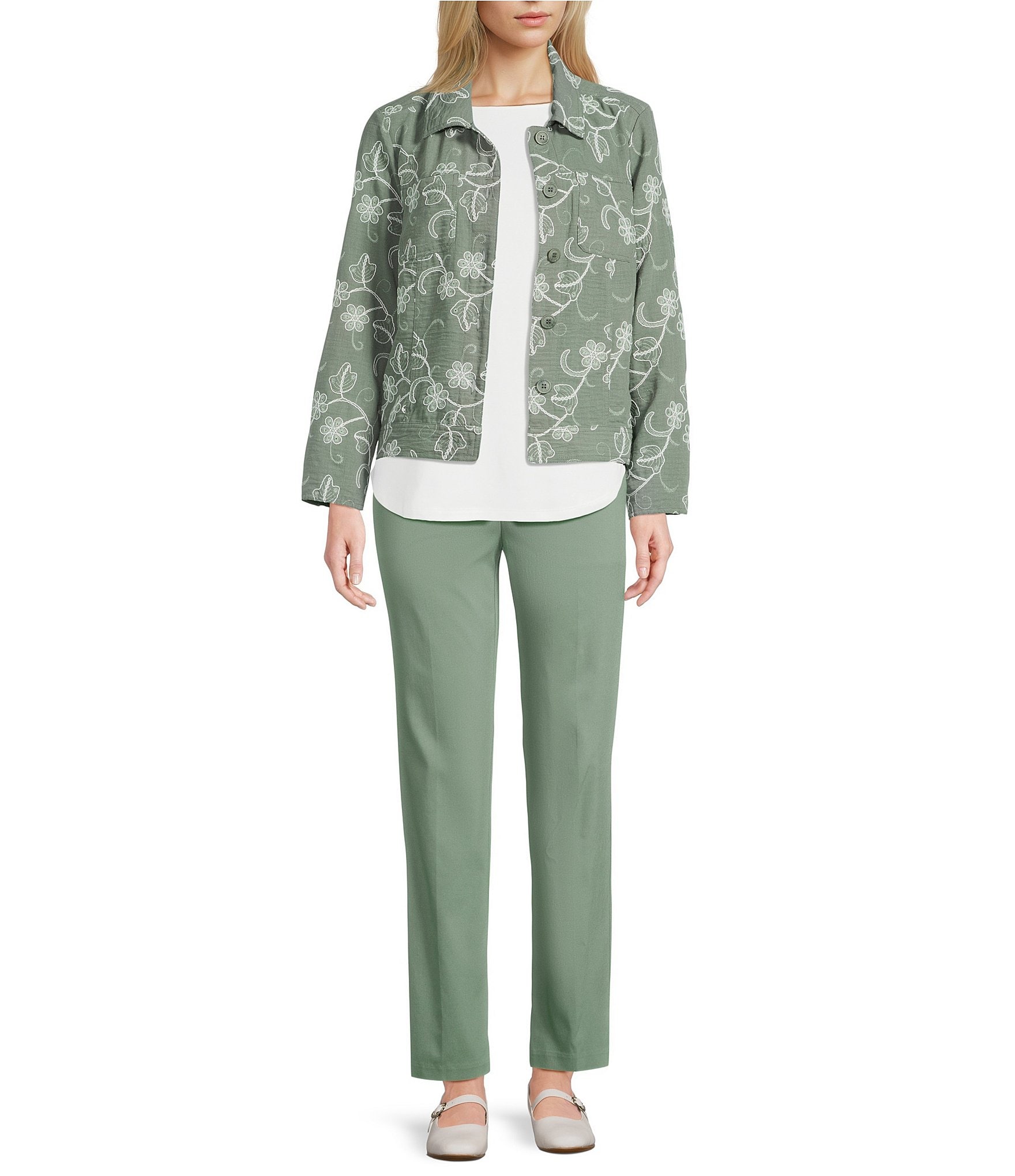 Allison Daley Long Sleeve Button Front Point Collar Embroidered Jacket