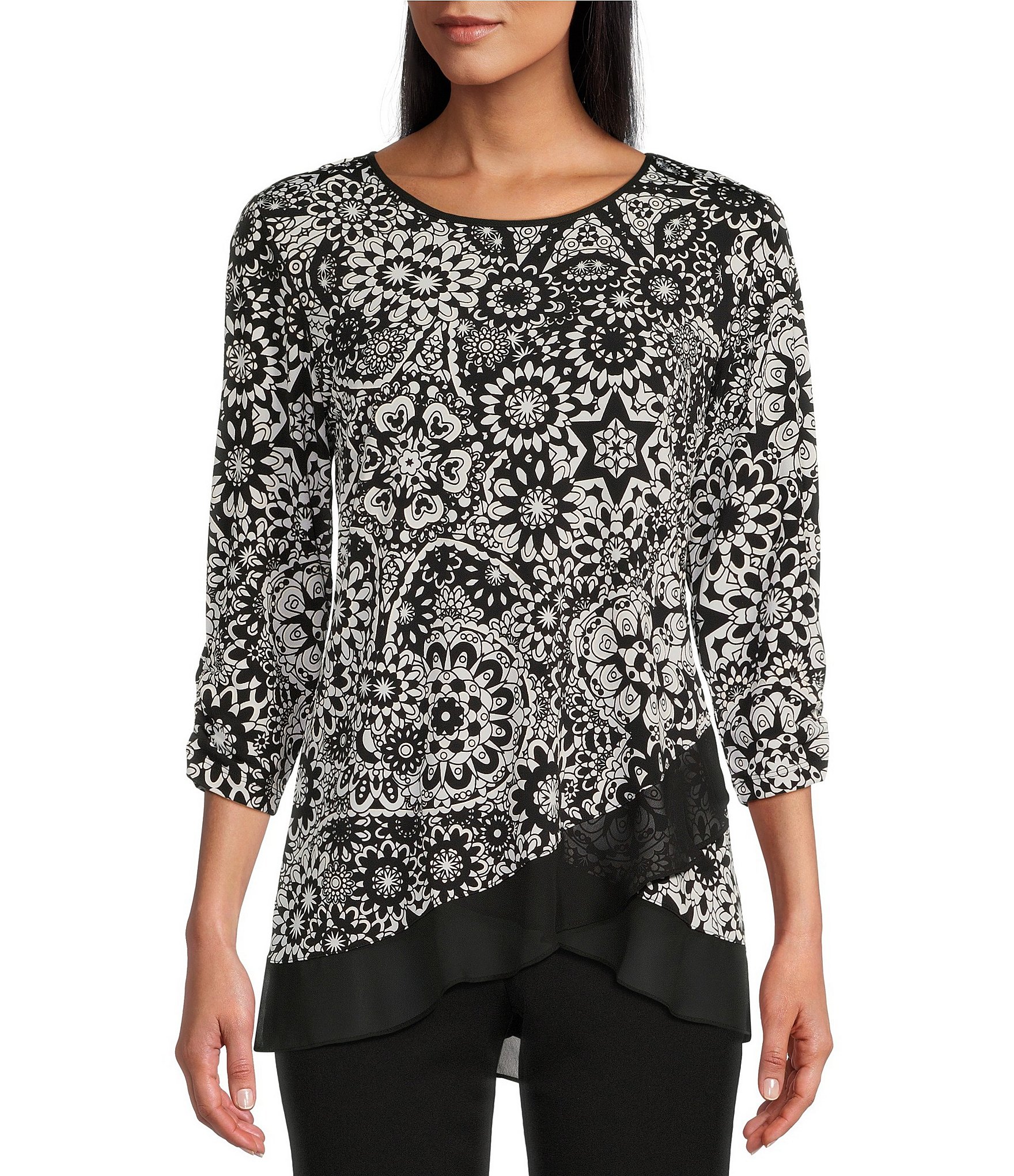 Allison Daley Medallion Puff Print 3/4 Sleeve Crew Neck Ruffled Hem ...