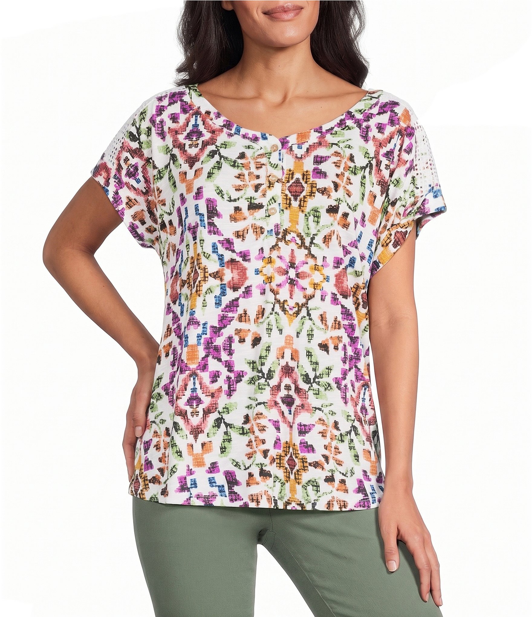 Allison Daley Multi Mosaic Pattern Short Sleeve V-Neck Knit Top