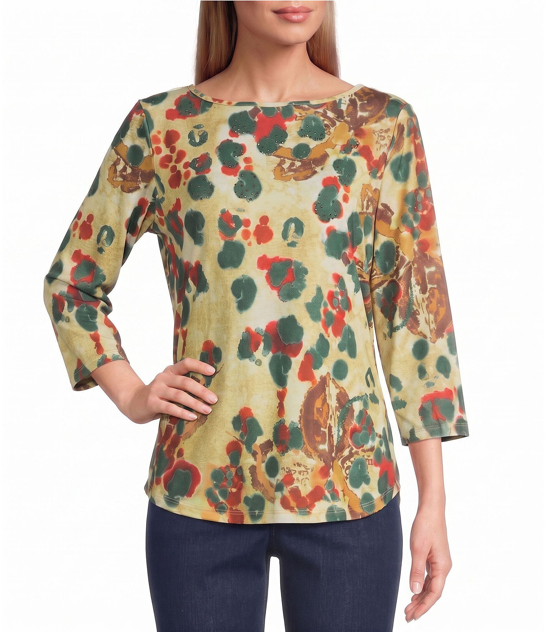 Allison Daley Multi Spot 3/4 Sleeve Boat Neck Knit Top