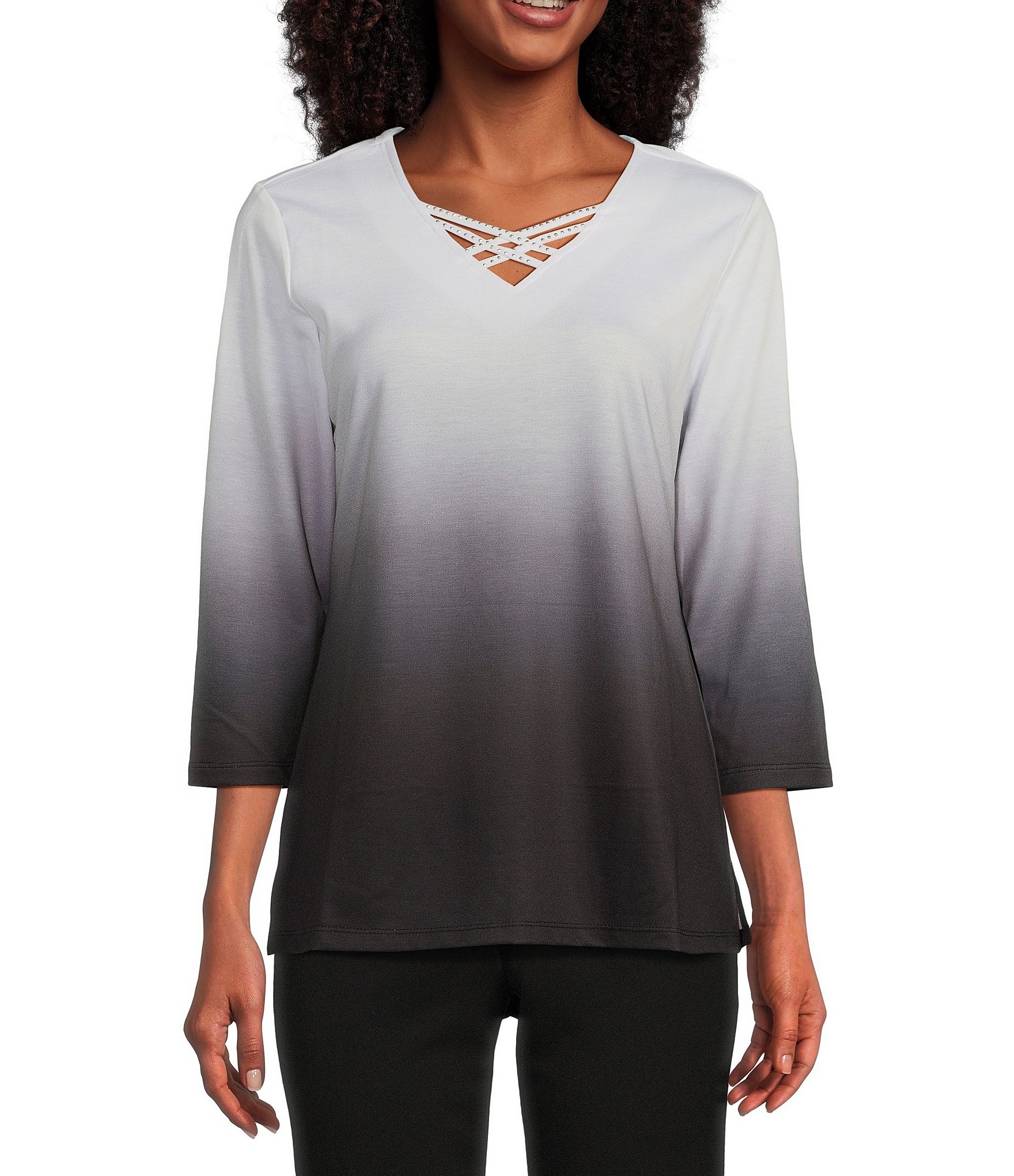 Allison Daley Ombre Print 3/4 Sleeve Criss Cross V-Neck Knit Shirt ...