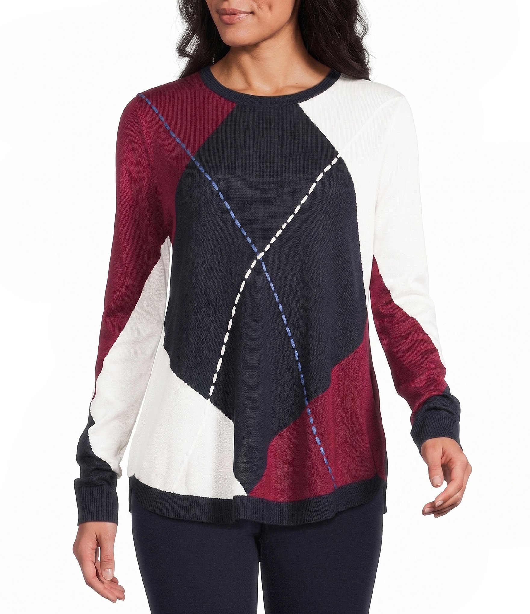 Allison Daley Oversized Argyle Long Sleeve Crew Neck Curve Hem Sweater