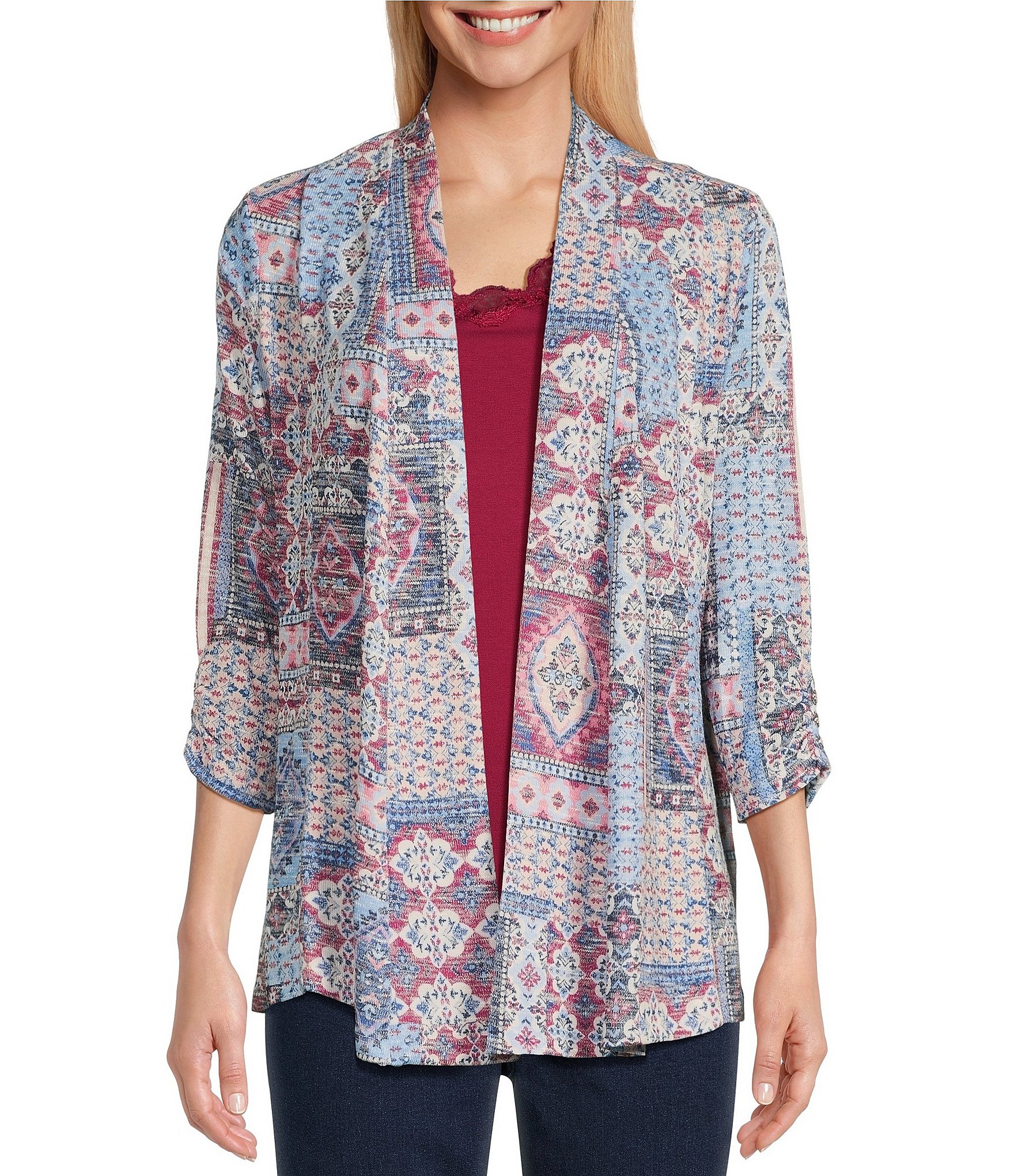Allison Daley Patchwork Print 3/4 Ruched Sleeve Open Front Cardigan ...