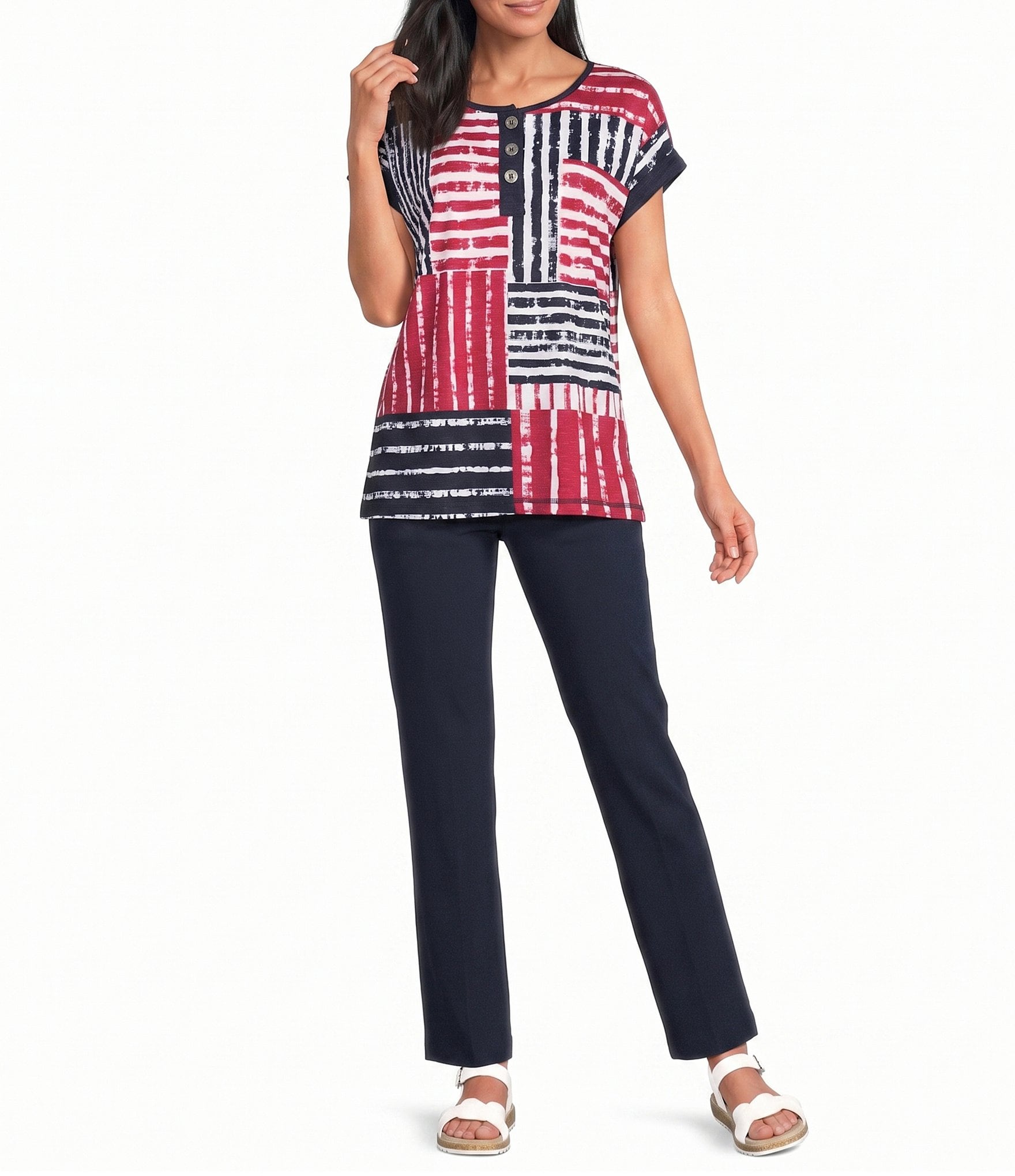 Allison Daley Patchwork Stripe Americana Short Sleeve Crew Neck Knit Top