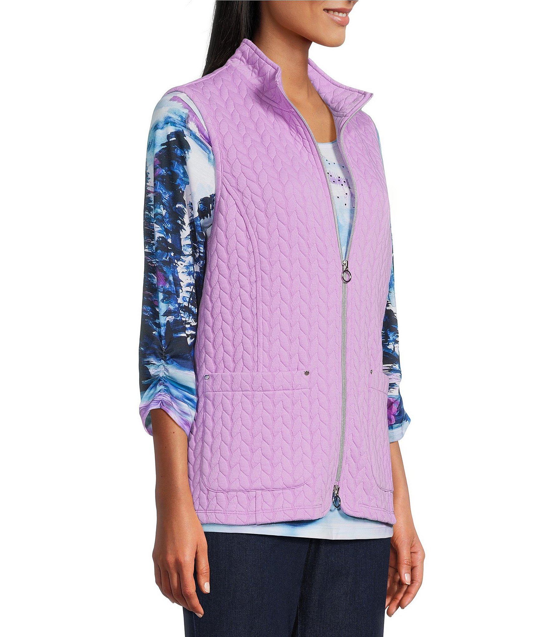 Allison Daley Petite Sheer Lilac Sleeveless Two Way Zip Up Knit Quilted Vest