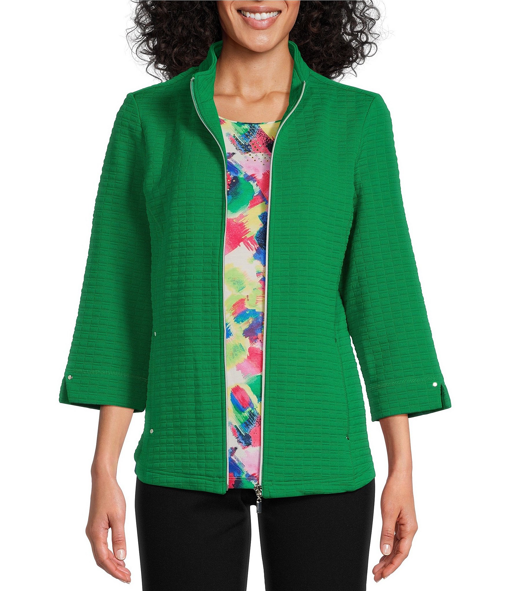 Allison Daley Petite Size 3/4 Sleeve Stand Collar Zip Front Jacket ...