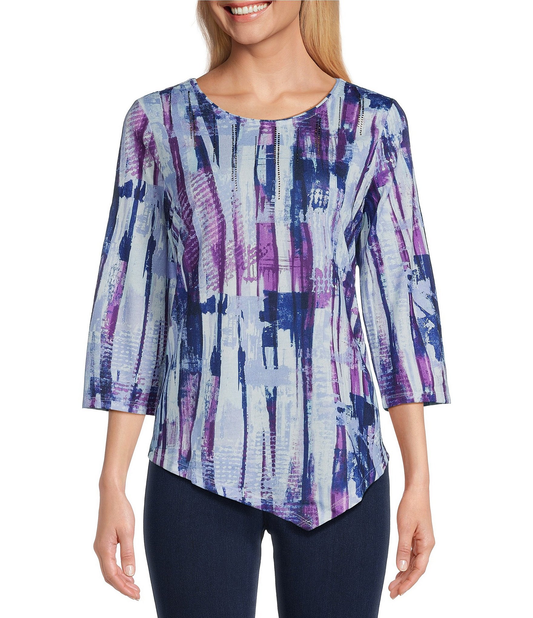 Allison Daley Petite Size Abstract Print 3/4 Sleeve Crew Neck ...