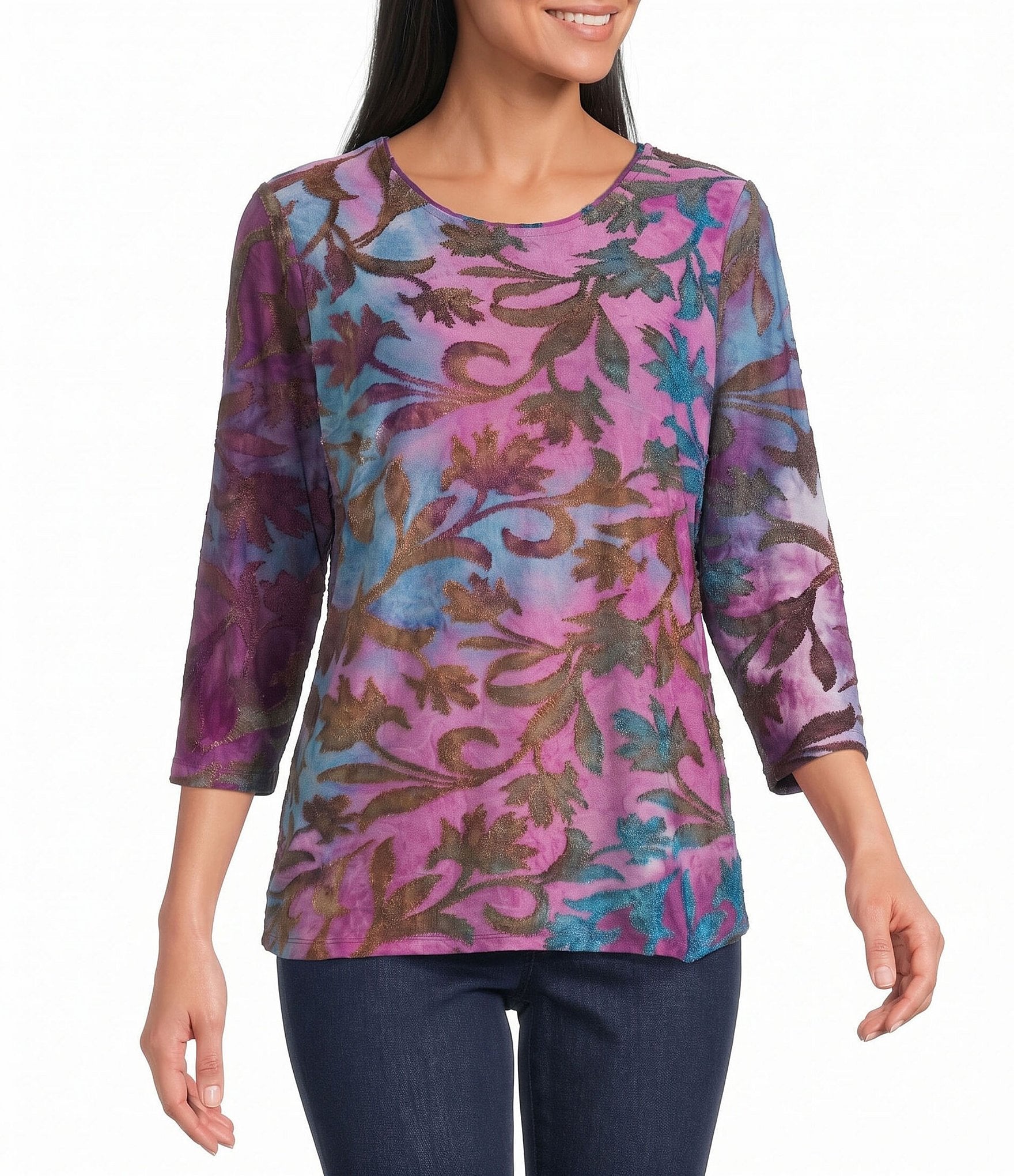 Allison Daley Petite Size Burnout 3/4 Sleeve Crew Neck Knit Top
