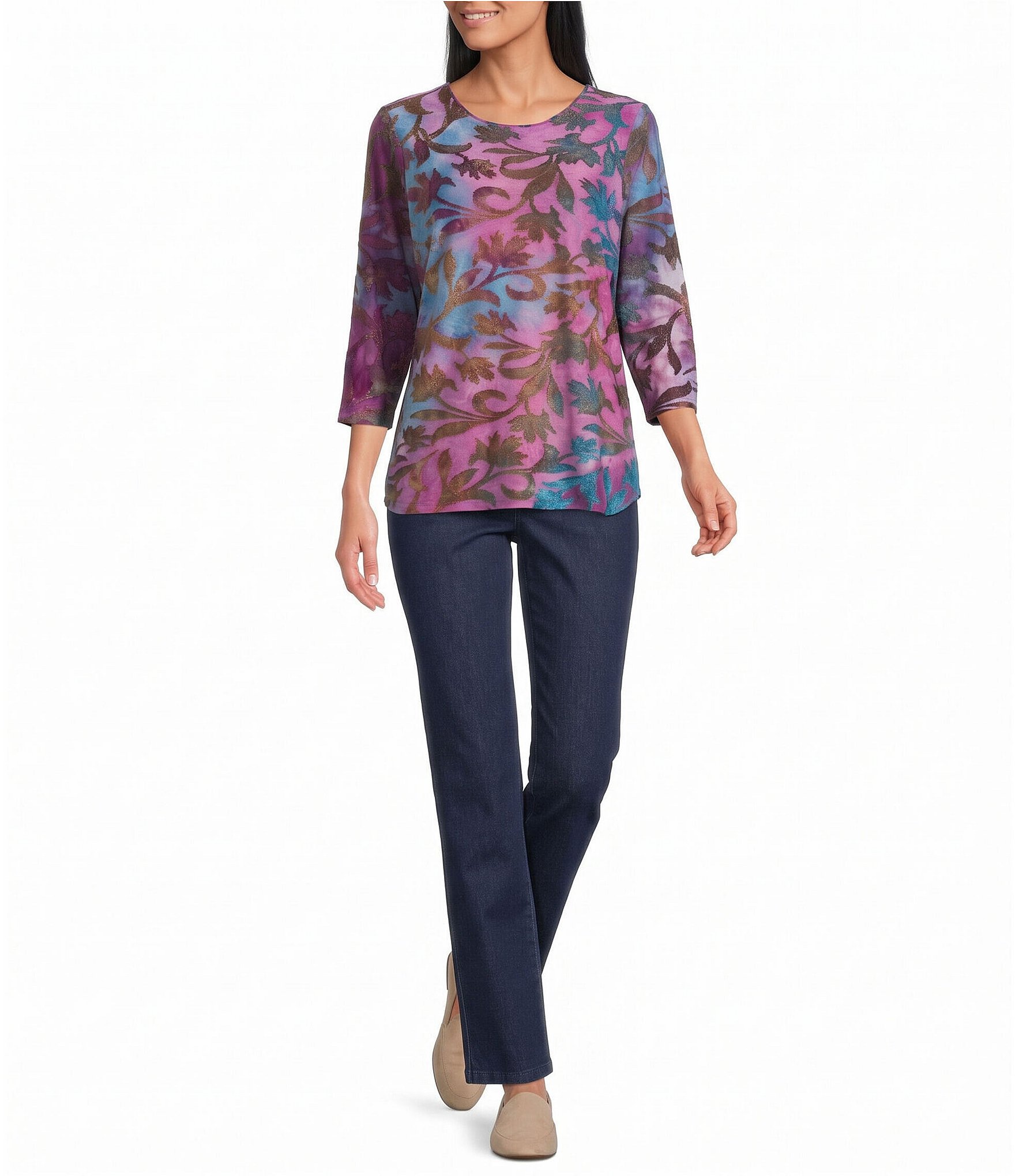 Allison Daley Petite Size Burnout 3/4 Sleeve Crew Neck Knit Top