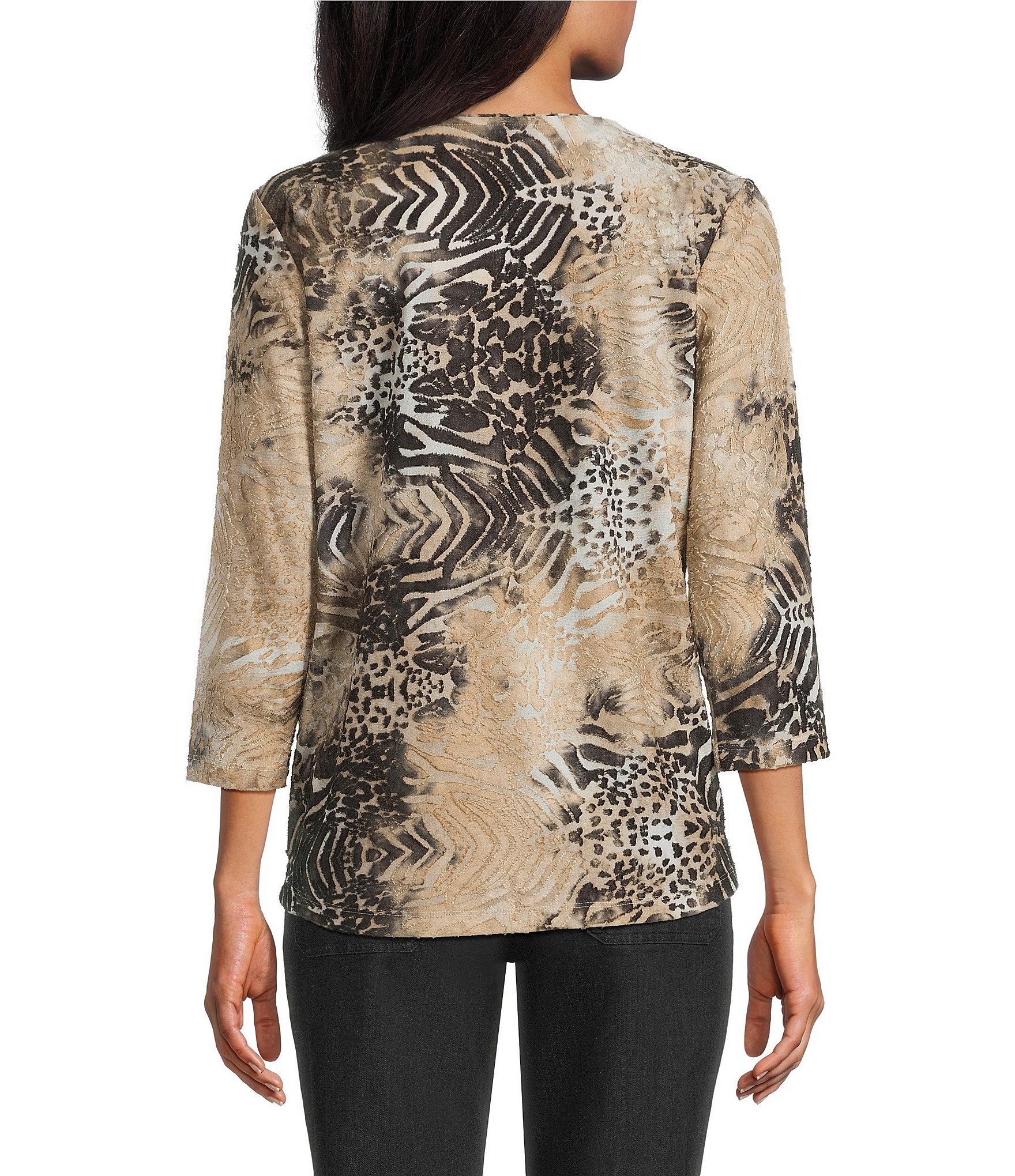 Allison Daley Petite Size Burnout 3/4 Sleeve Crew Neck Knit Top