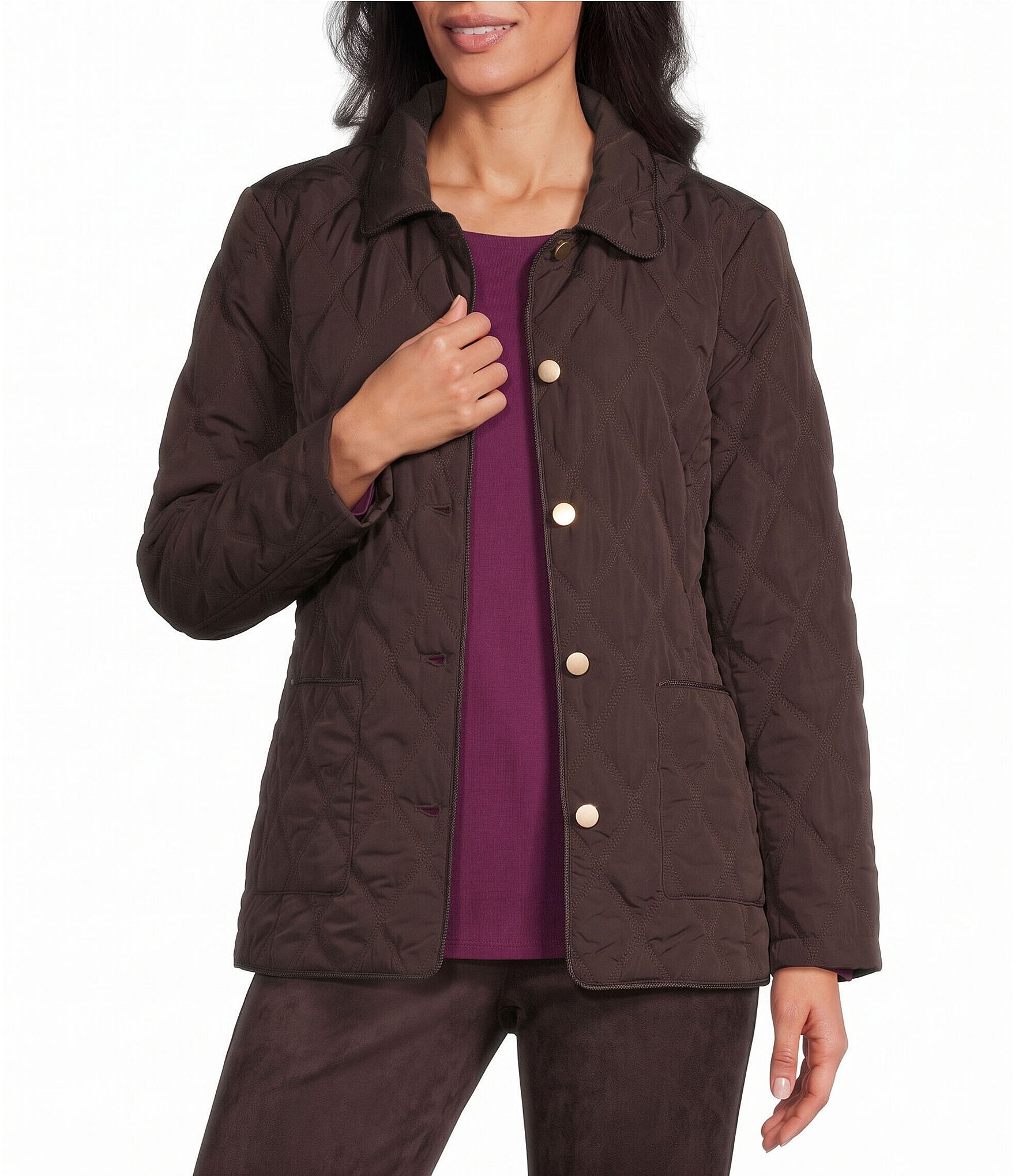 Allison Daley Petite Size Diamond Stitch Woven Quilt Long Sleeve Button Front Jacket